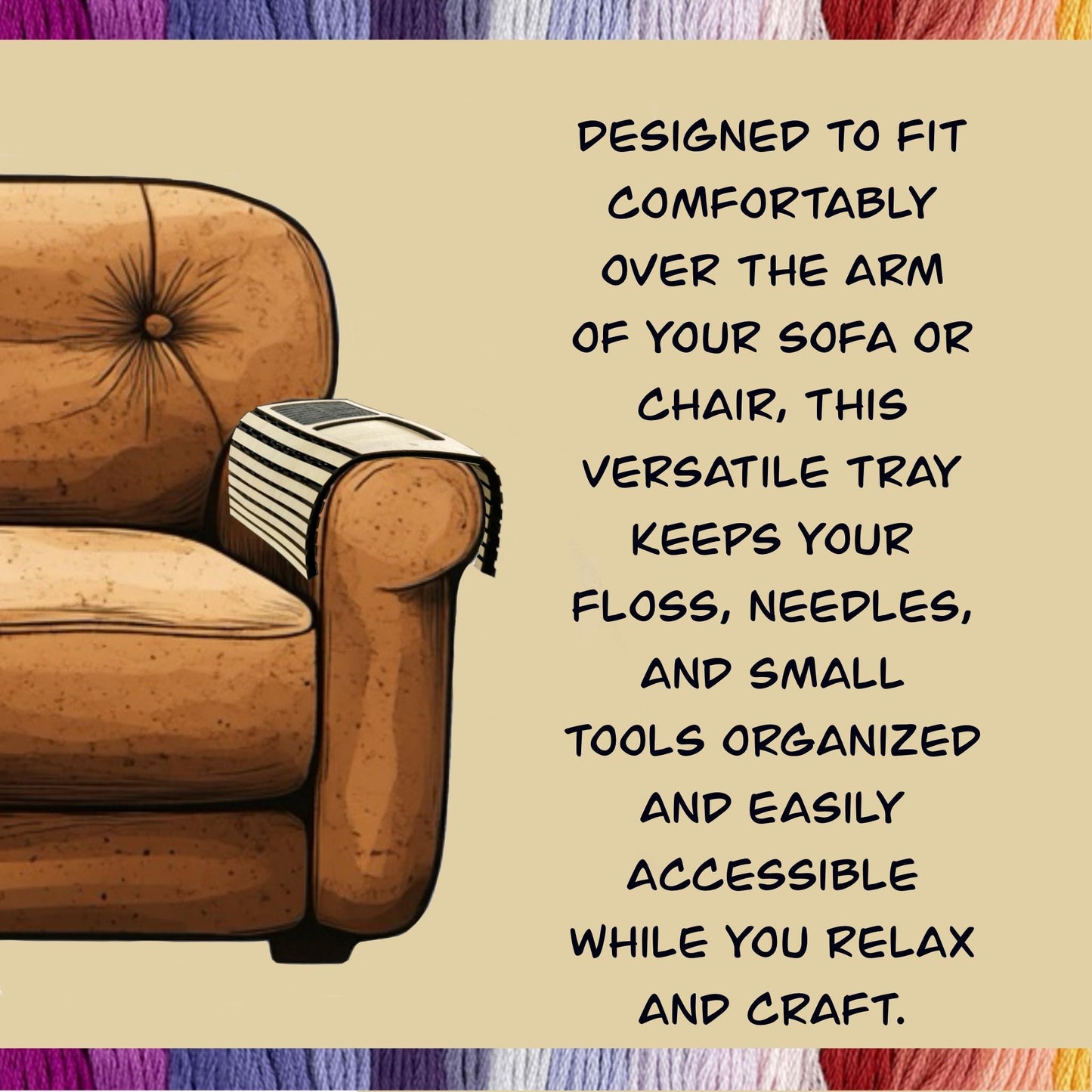 Sofa Arm Tray for Cross-Stitch–Holds 20 Acrylic / Plastic Bobbins–Storage Space for Scissors-Perfect Present Gift TV Chair Armrest Organizer