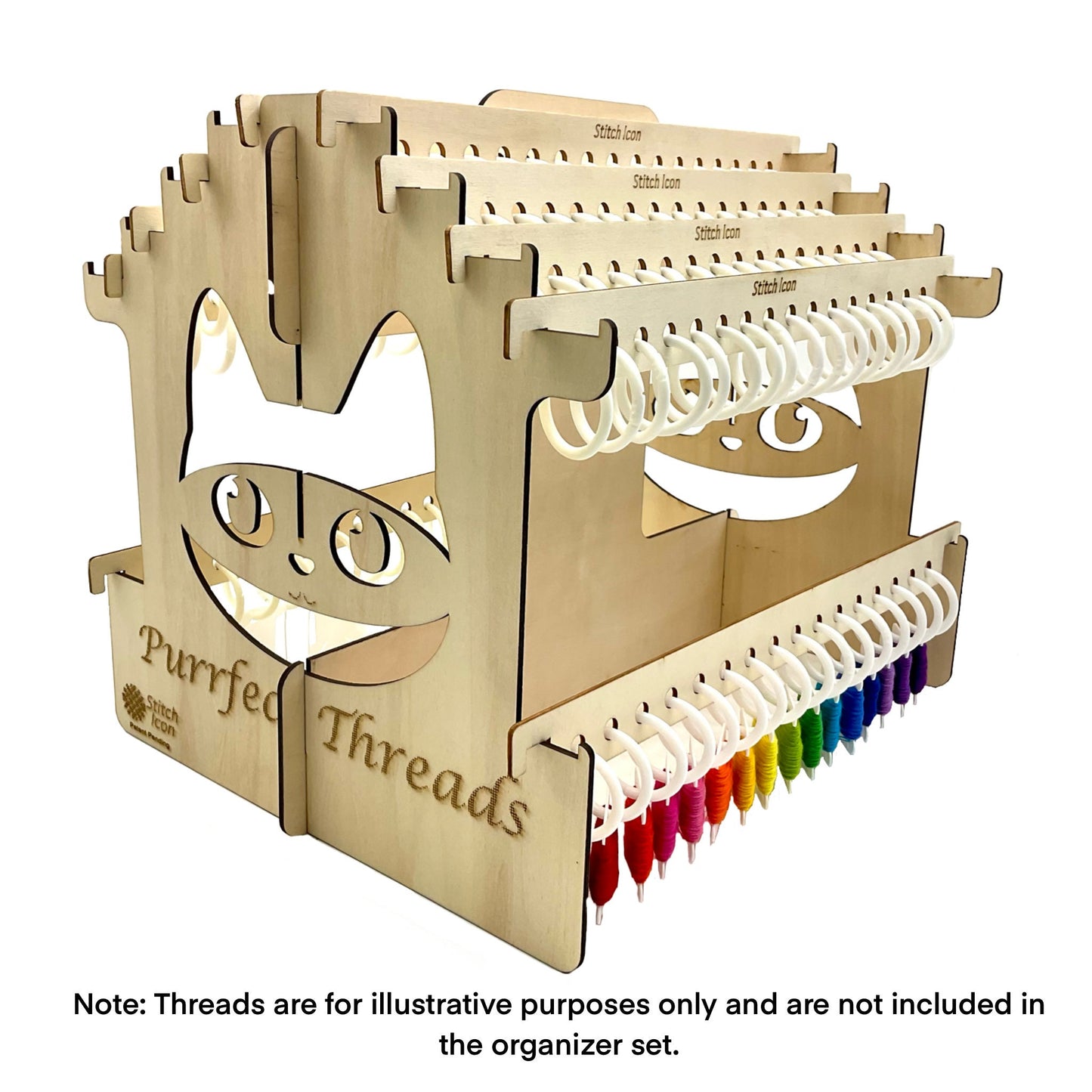 Purrfect Threads Floss Organizer: Wooden Cat Design, 160 Slots -Craft Tool for 128 Colors DMC Floss Skeins + 32 Bobbins, Gift Thread Storage