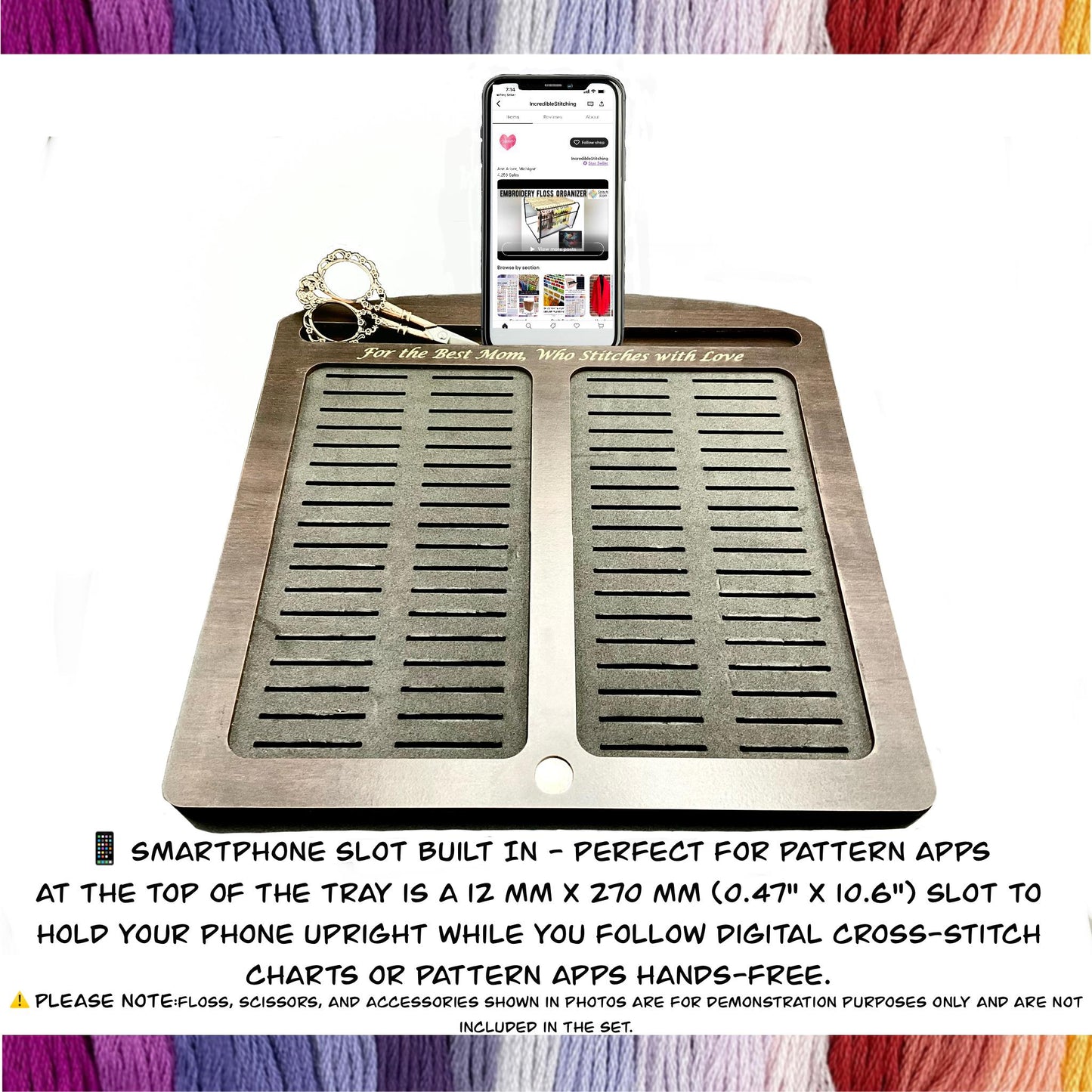 Cross Stitch Tray with 72 Acrylic or 80 Plastic Bobbins–Tool &Phone Slot–Mother's Day Gift for Stitcher–Cherry,Ebony,Black Wood