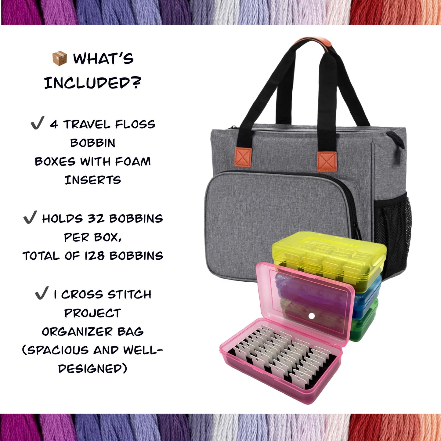 4-Pack Travel Floss Bobbin Boxes & Organizer Bag Set–Cross Stitch Storage for On-the-Go Projects 4 Box 128 Bobbins Gift for Stitcher Mother