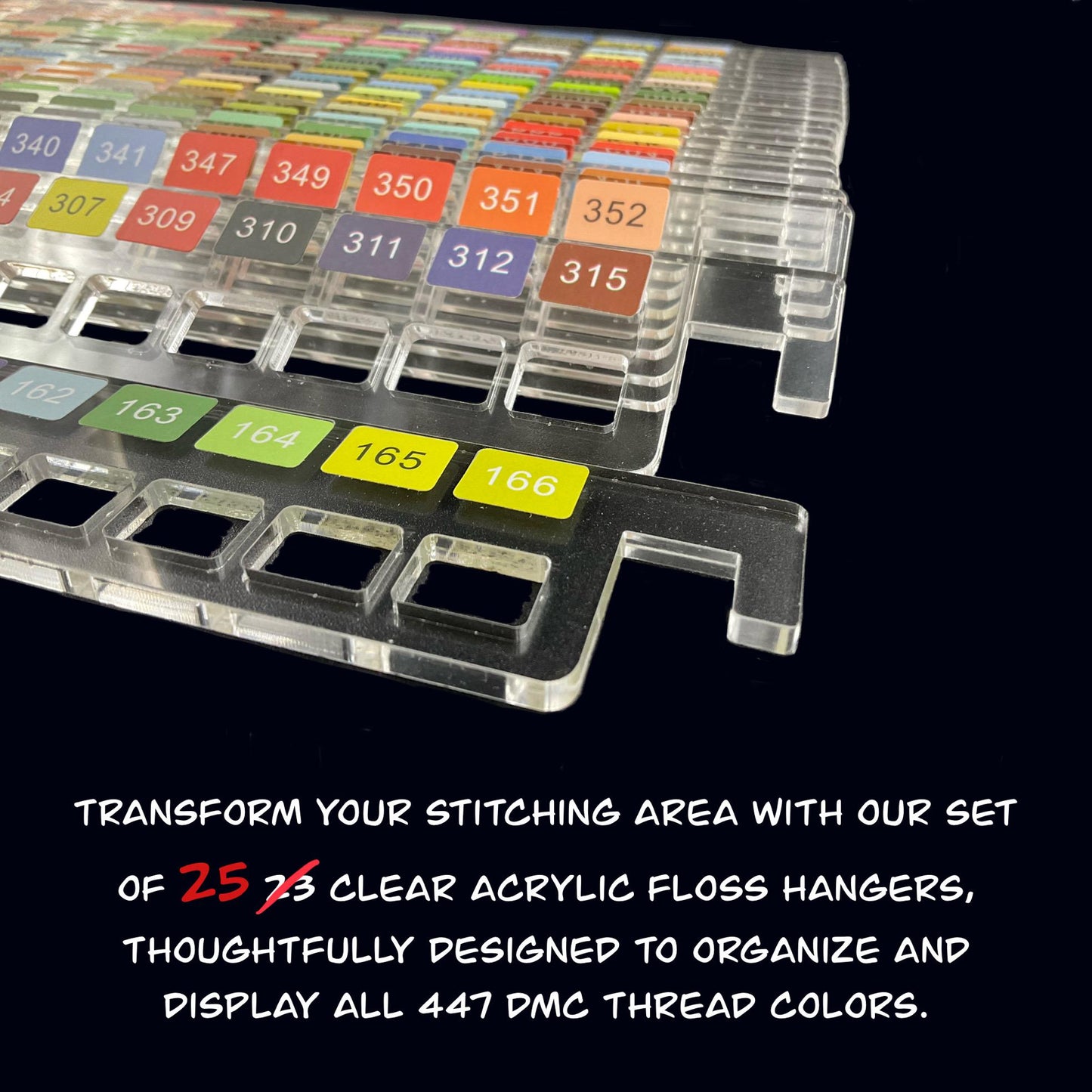 Set of 25 Clear Acrylic Pre-Labeled Floss Hangers for 490 DMC Colors–Perfect Present for Cross Stitchers, Gift Thread Hangers, Foss Storage