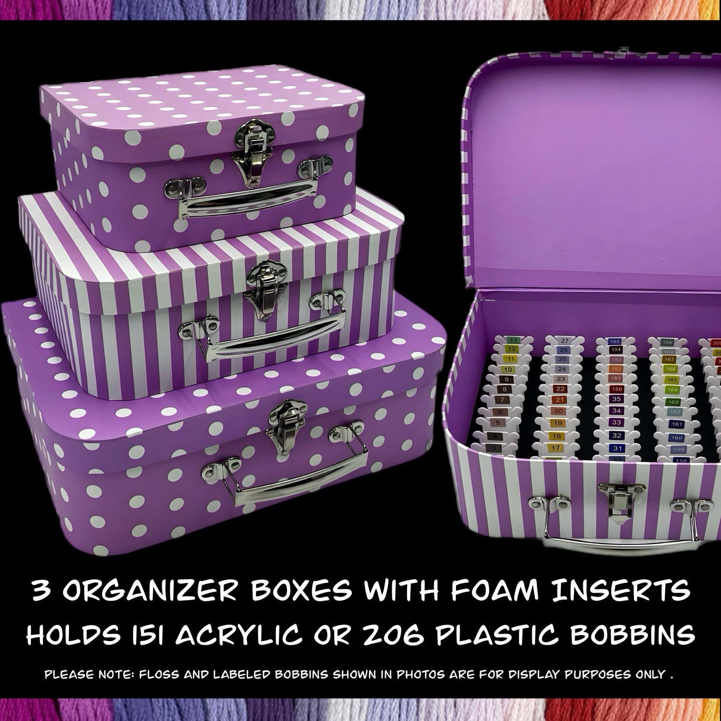 Travel Floss Bobbin Box Set–3 Organizer Boxes with Foam Inserts–Holds 151 Acrylic or 206 Plastic Bobbins–Gift Cross Stitch Storage