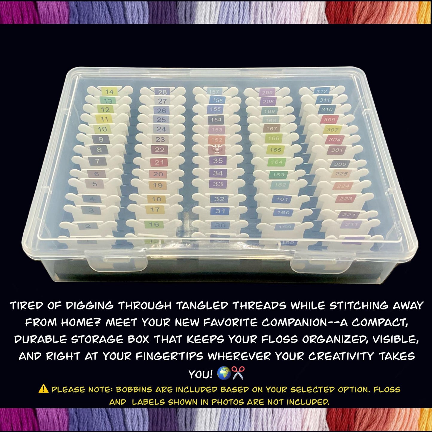 Travel Floss Bobbin Box Set with Foam Inserts–Colorful Cross Stitch Storage Organizer for On-the-Go Projects 48-70 Plastic Bobbins Included