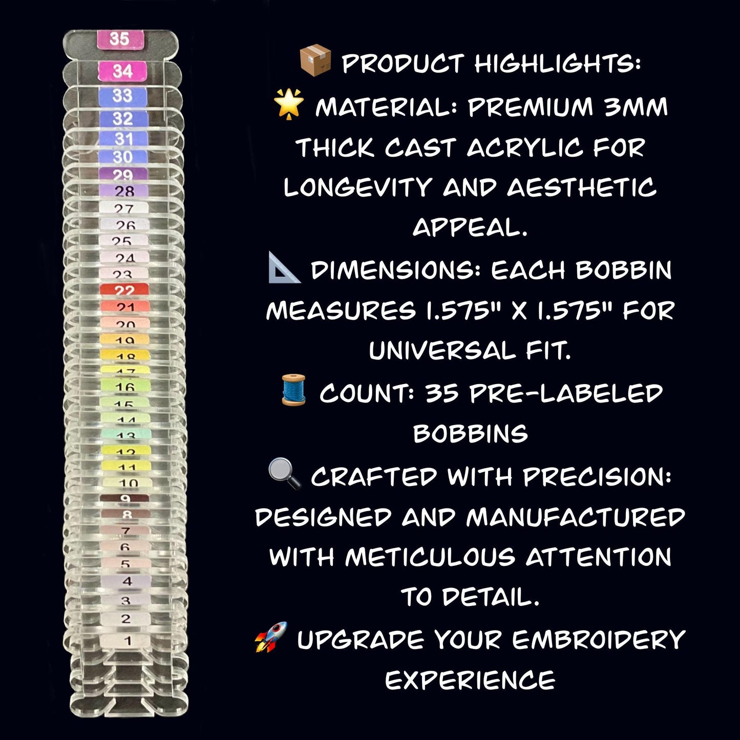 1-35 Pre-Labeled 3mm Clear Acrylic Bobbins: Perfect Gift for Cross-Stitch Embroidery, 35 Colors Prelabeled Acrylic Bobbins Set Best Present
