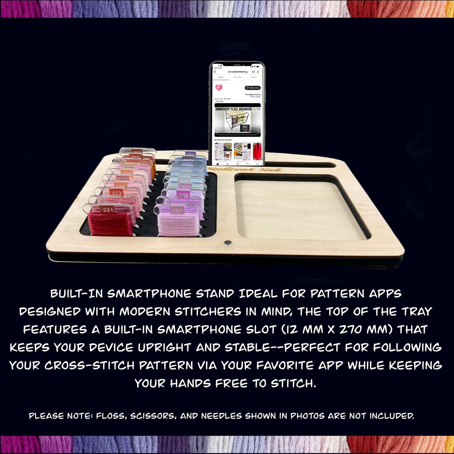 Wooden Project Tray Set–Cross Stitch Organizer with 20 Clear Acrylic Bobbins–Holds Tools,Scissors,Needles–Mother's Day Gift