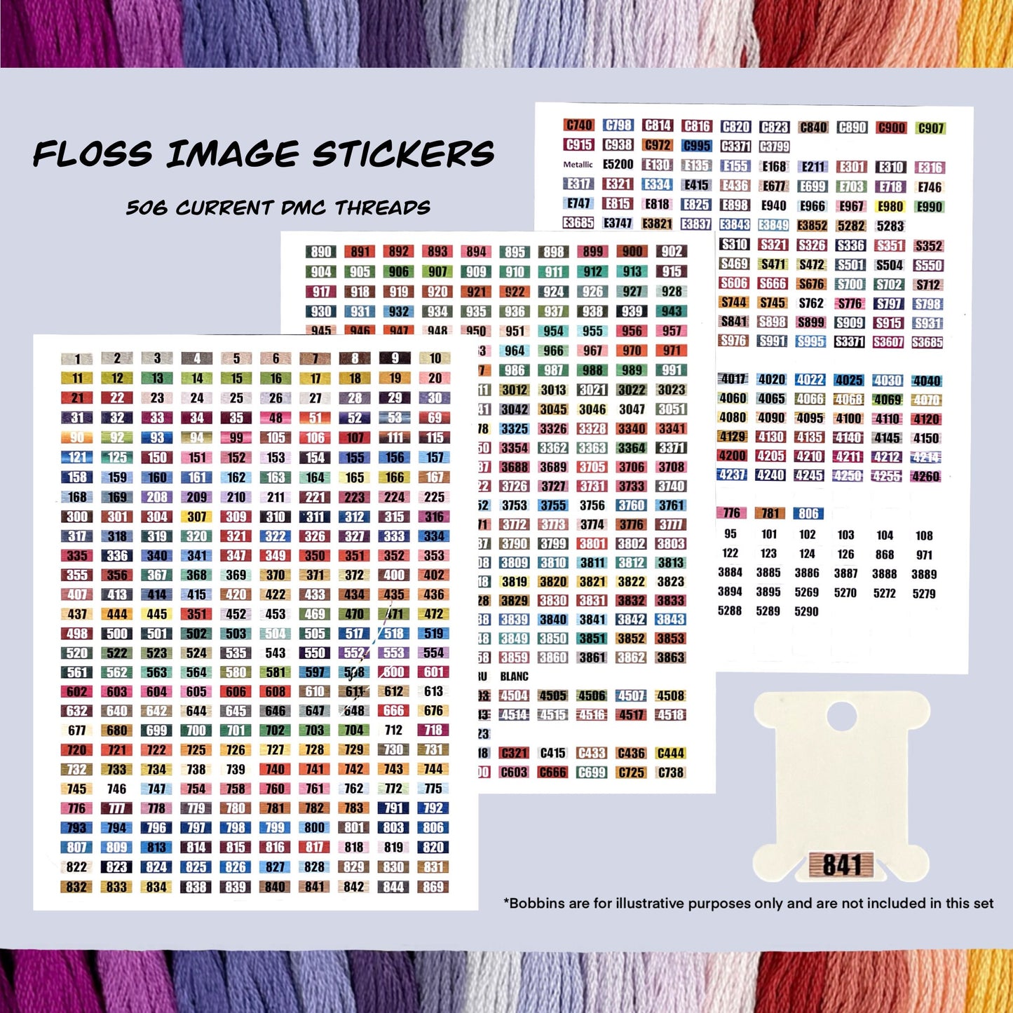 Ultimate DMC Floss Labels Collection. DMC Cotton Floss Waterproof Stickers.Floss Bobbin Stickers.White, Solid Color and Floss Image Stickers