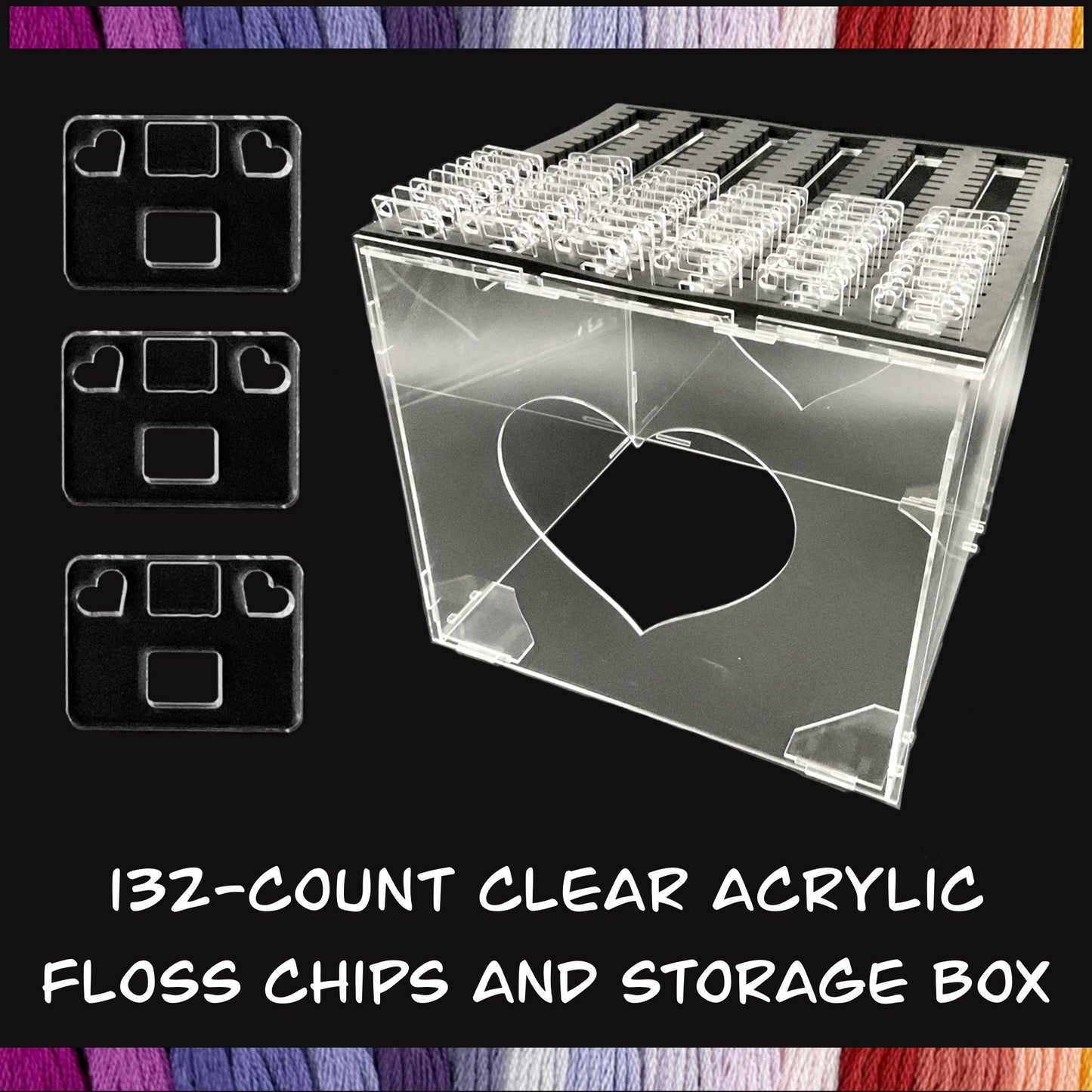 132-Count Clear Acrylic Floss Chip Storage Box–Ideal Gift for Stitchers-Blank Floss Chips, Floss Drop Storage–132 Blank Drops and Organizer