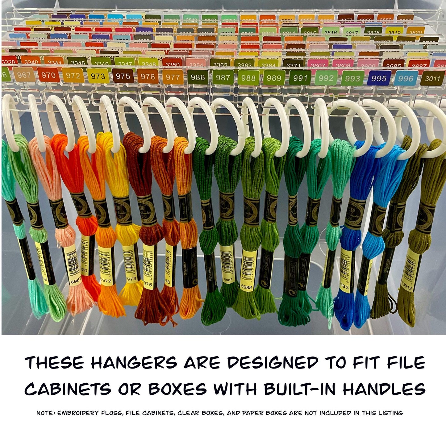 Set of 25 Clear Acrylic Pre-Labeled Floss Hangers for 490 DMC Colors–Perfect Present for Cross Stitchers, Gift Thread Hangers, Foss Storage