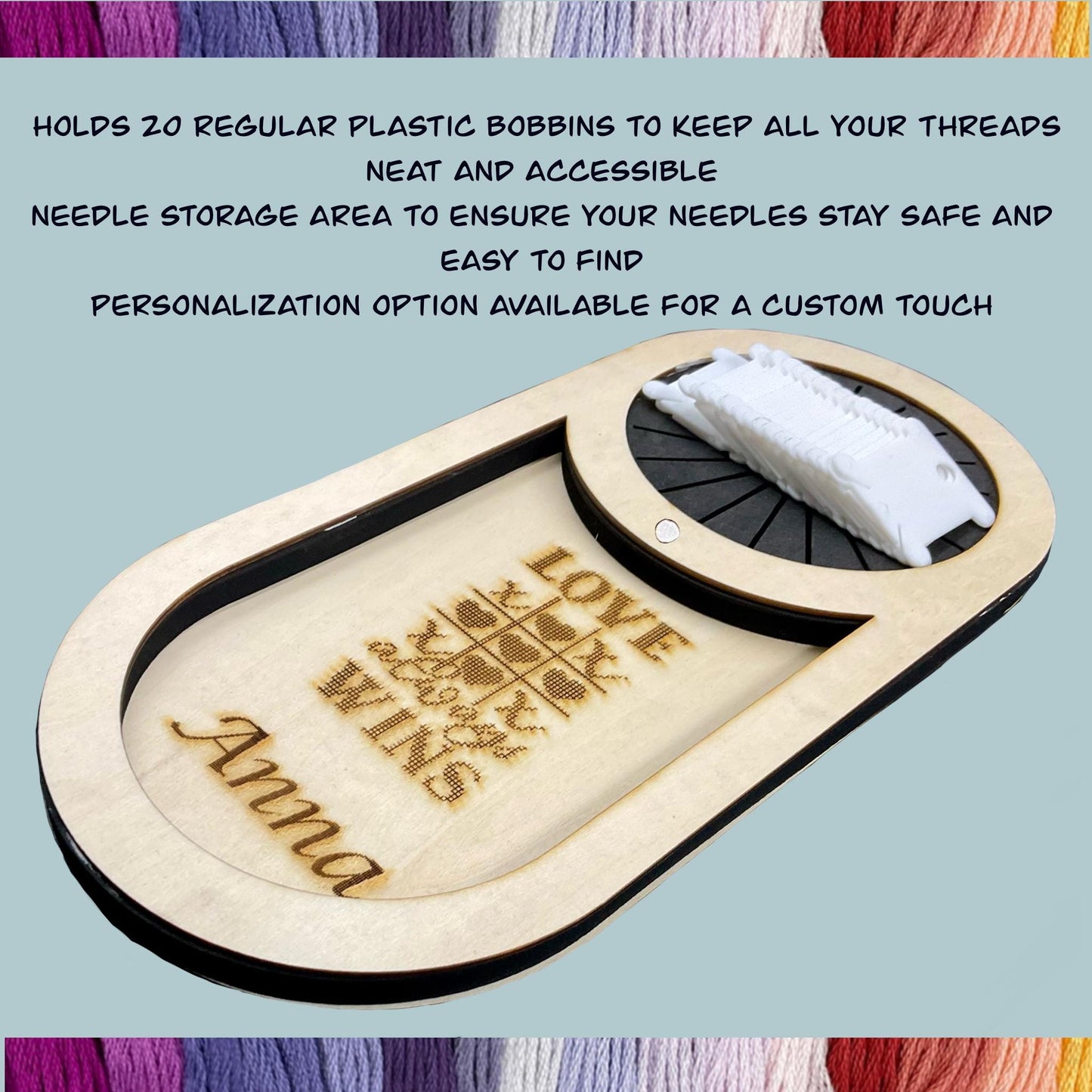 Personalized Project Tray Set for Cross-Stitch & Embroidery–Holds 20 Bobbins with Needle Storage, Perfect Holiday Gift with Custom Engraving
