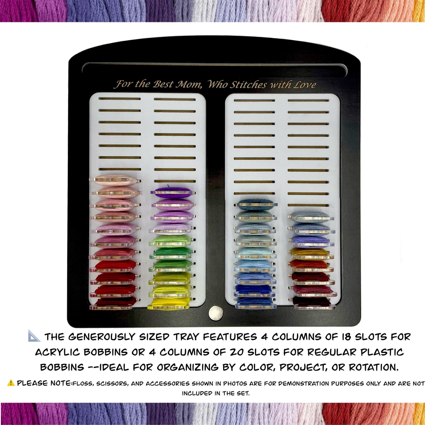 Cross Stitch Tray with 72 Acrylic or 80 Plastic Bobbins–Tool &Phone Slot–Mother's Day Gift for Stitcher–Cherry,Ebony,Black Wood