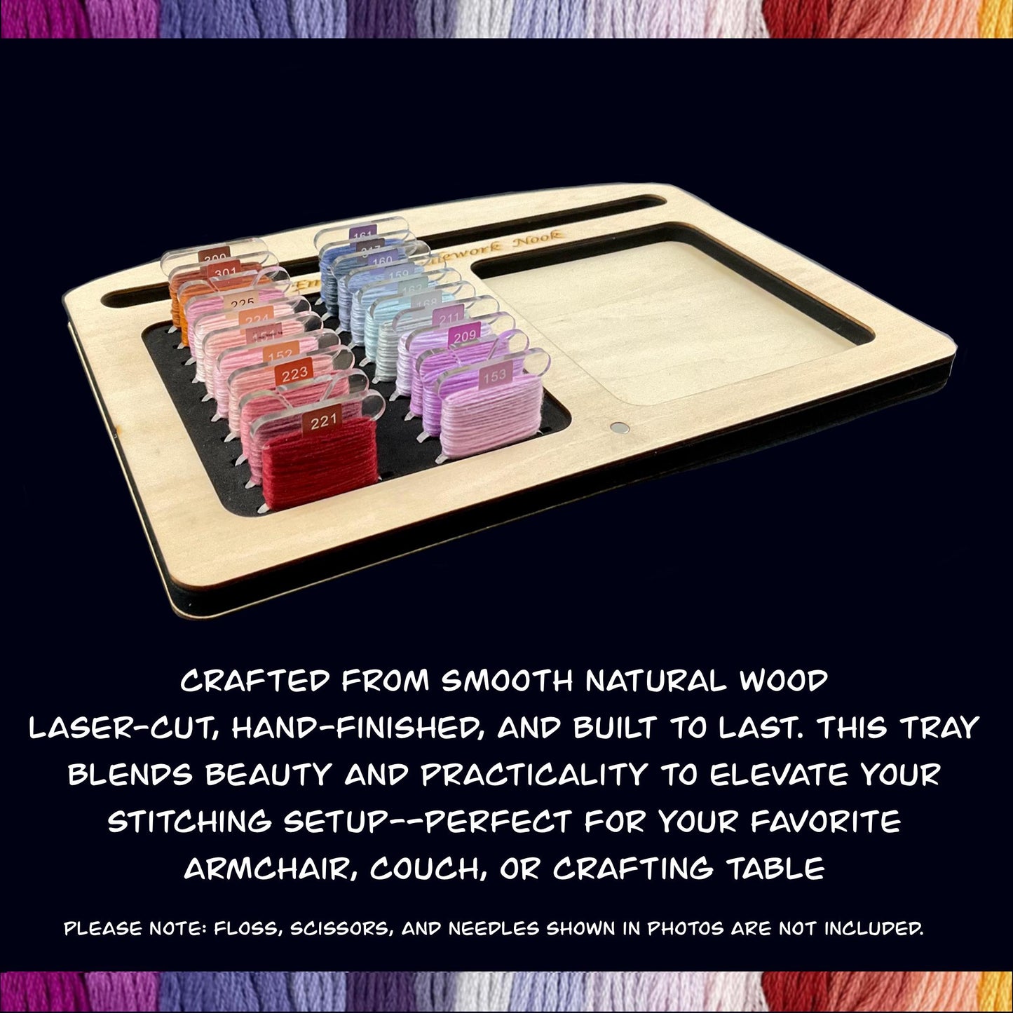Wooden Project Tray Set–Cross Stitch Organizer with 20 Clear Acrylic Bobbins–Holds Tools,Scissors,Needles–Mother's Day Gift