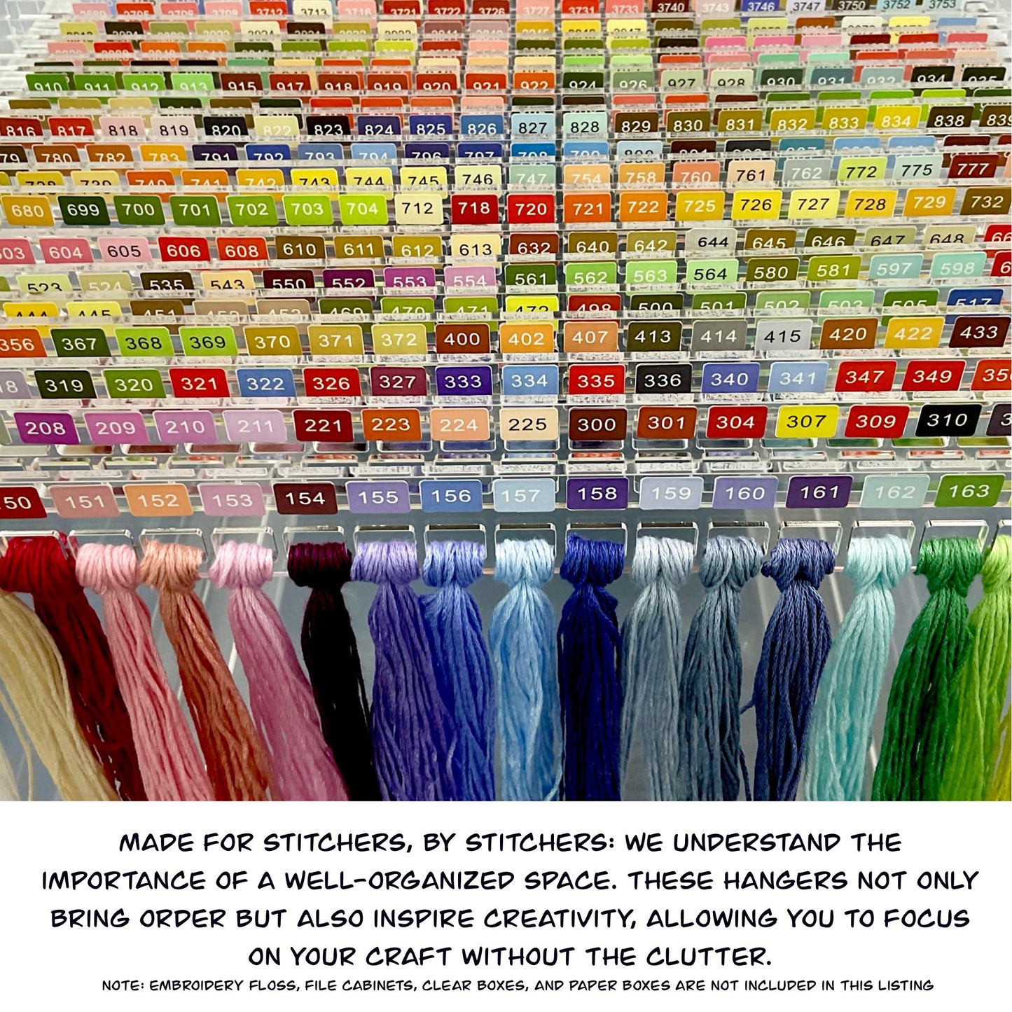 Set of 25 Clear Acrylic Pre-Labeled Floss Hangers for 490 DMC Colors–Perfect Present for Cross Stitchers, Gift Thread Hangers, Foss Storage