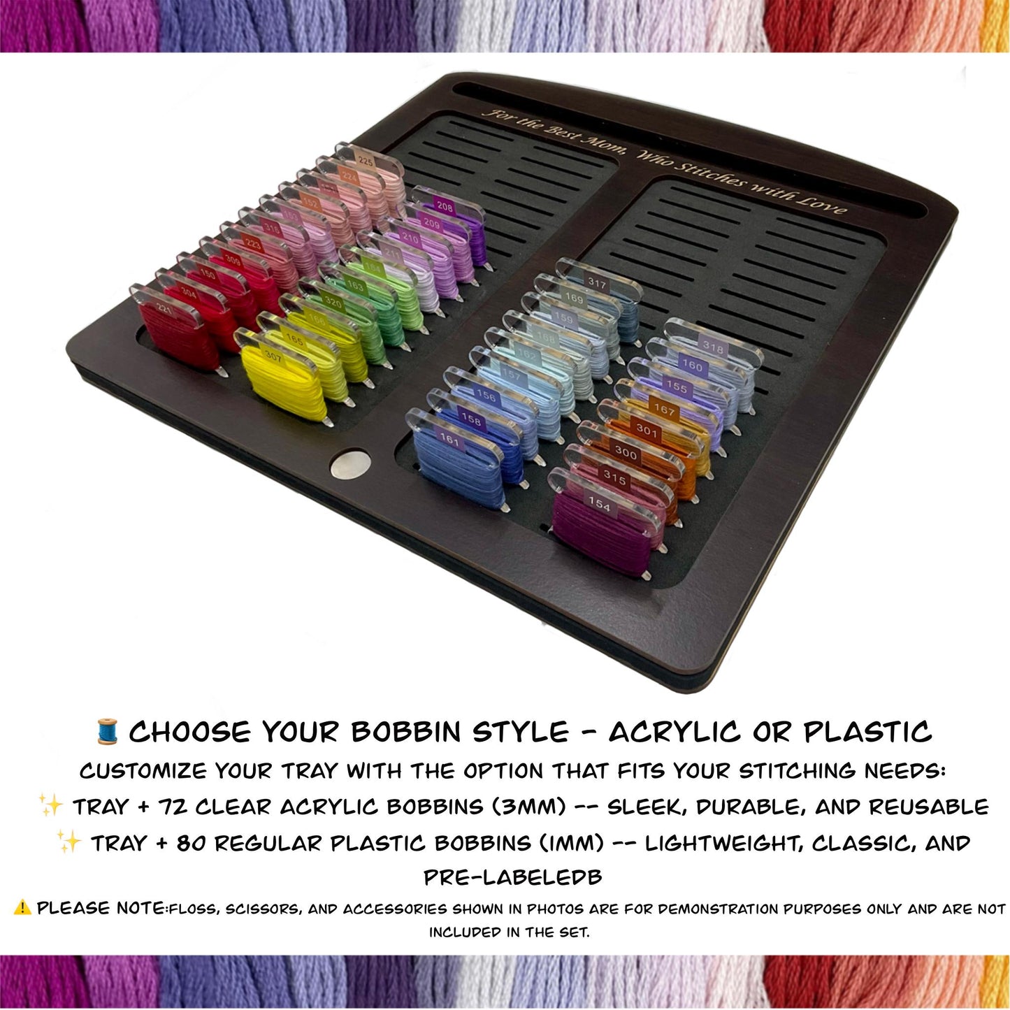 Cross Stitch Tray with 72 Acrylic or 80 Plastic Bobbins–Tool &Phone Slot–Mother's Day Gift for Stitcher–Cherry,Ebony,Black Wood
