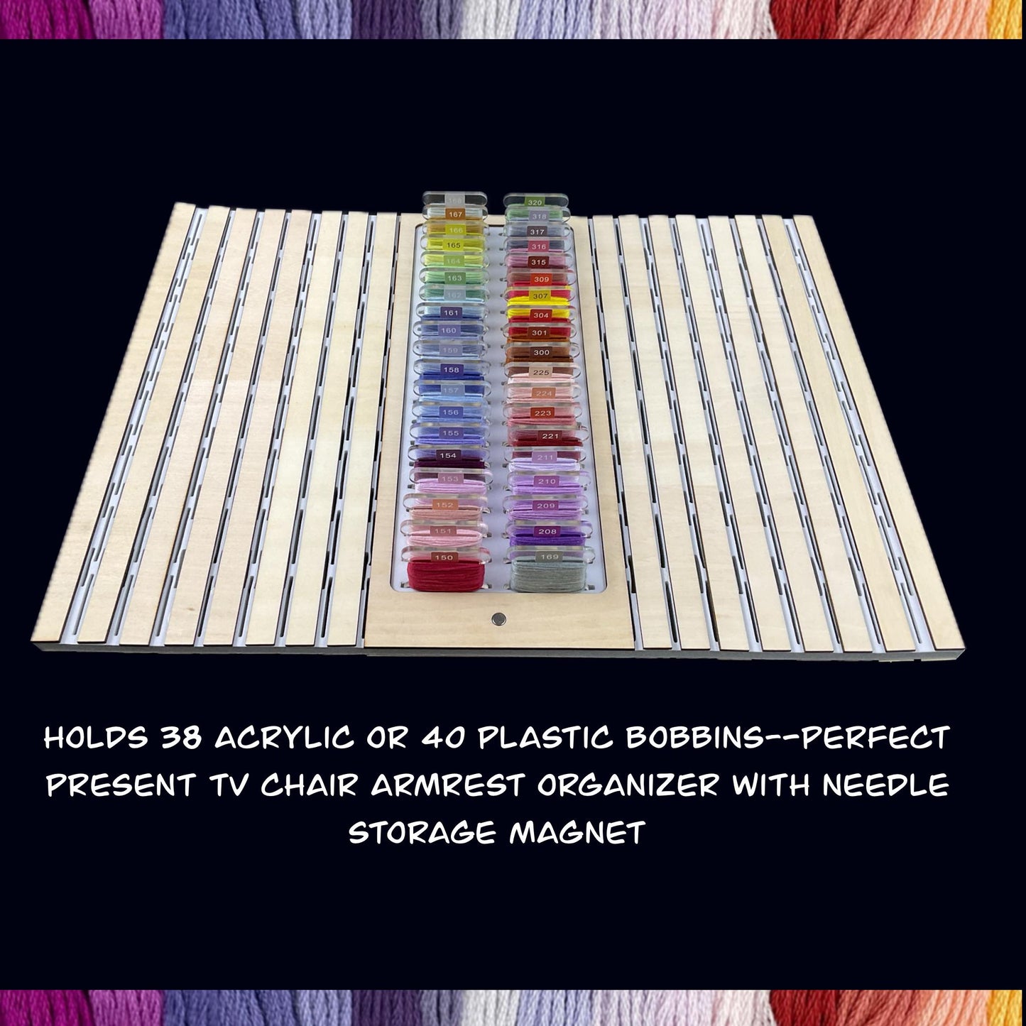 Sofa Arm Tray for Cross-Stitch–Holds 38 Acrylic or 40 Plastic Bobbins–Perfect Present TV Chair Armrest Organizer with Needle Storage Magnet