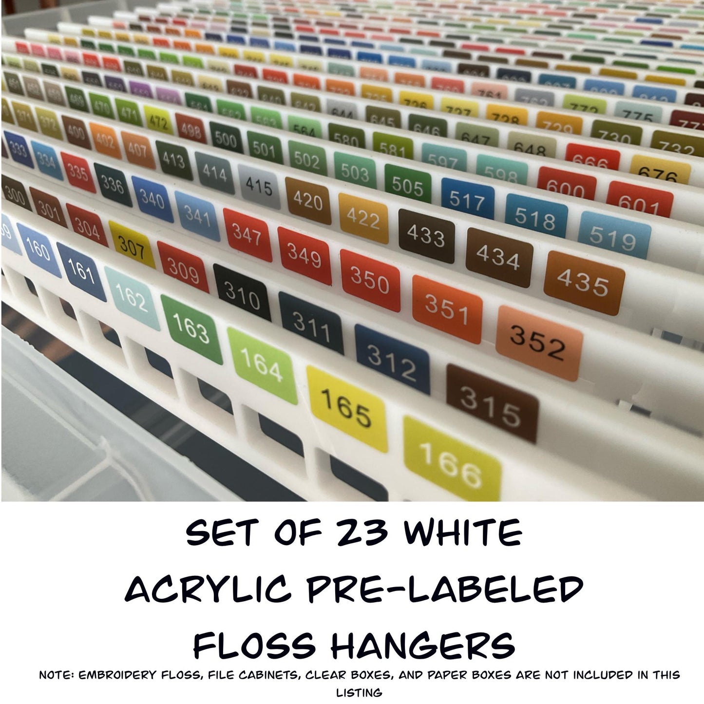 Set of 23 White Acrylic Pre-Labeled Floss Hangers for 447 DMC Colors–Perfect Present for Cross Stitchers, Gift Thread Hangers, Foss Storage