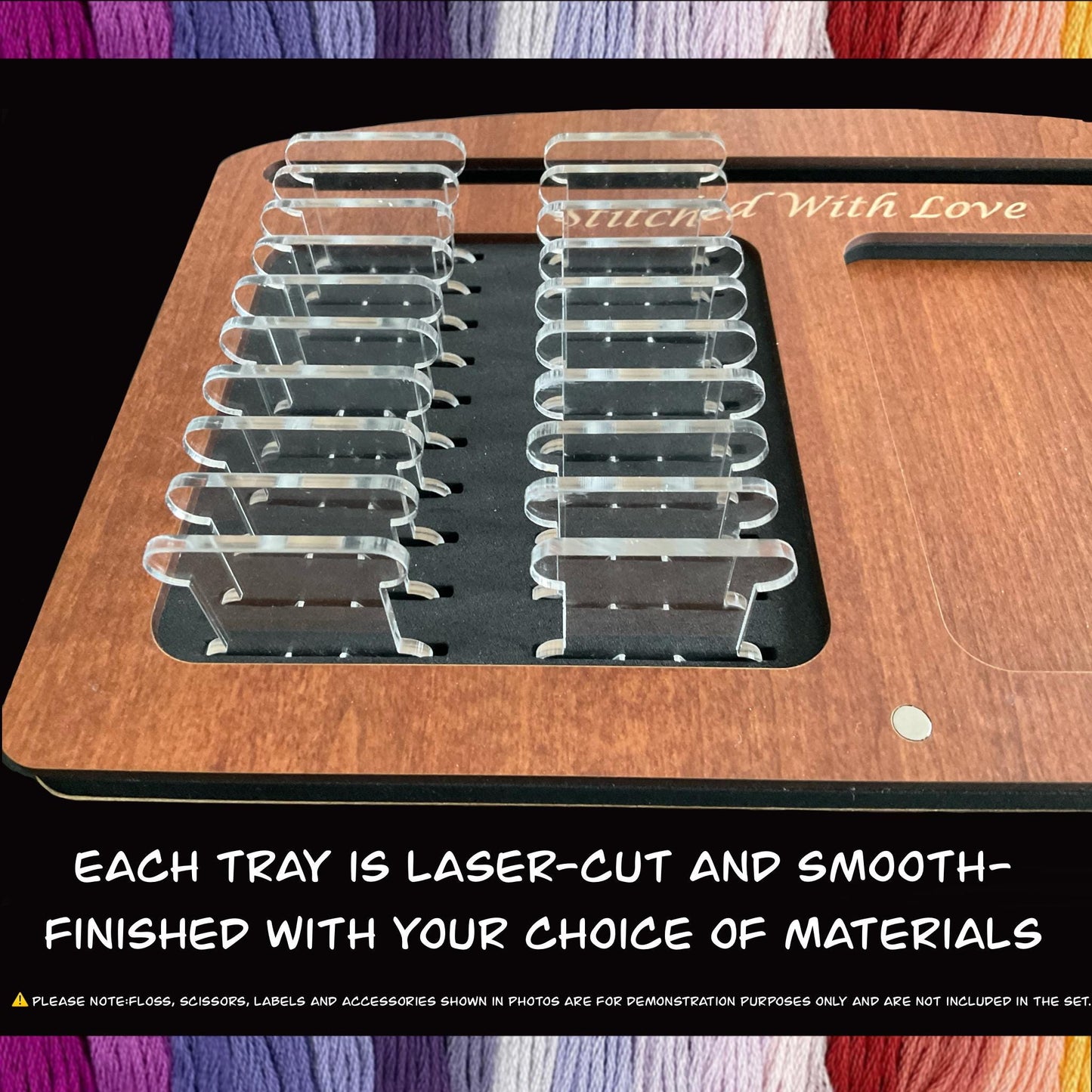 Wooden Project Tray Set–Cross Stitch Organizer with 20 Clear Acrylic Bobbins–Holds Tools,Scissors,Needles–Mother's Day Gift