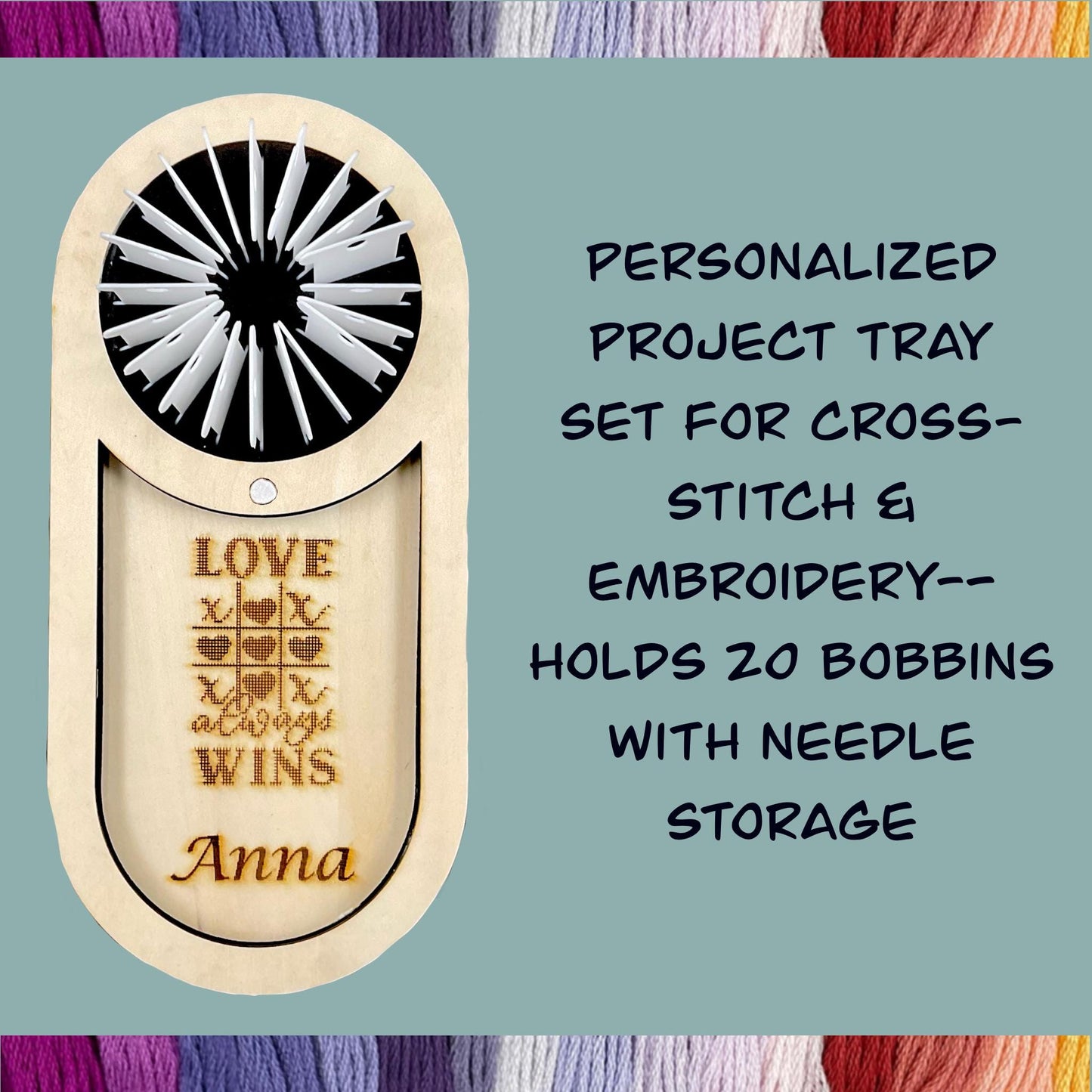 Personalized Project Tray Set for Cross-Stitch & Embroidery–Holds 20 Bobbins with Needle Storage, Perfect Holiday Gift with Custom Engraving