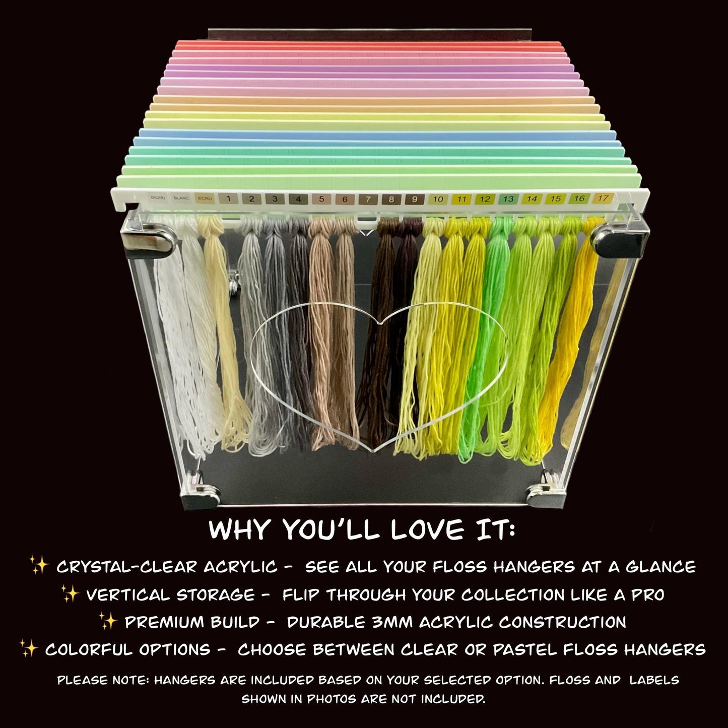 Clear Acrylic Floss Hanger Storage Box–Optional 10 or 20 Clear or Pastel Hangers–Cross Stitch Thread Organizer Gift Present for Stitchers
