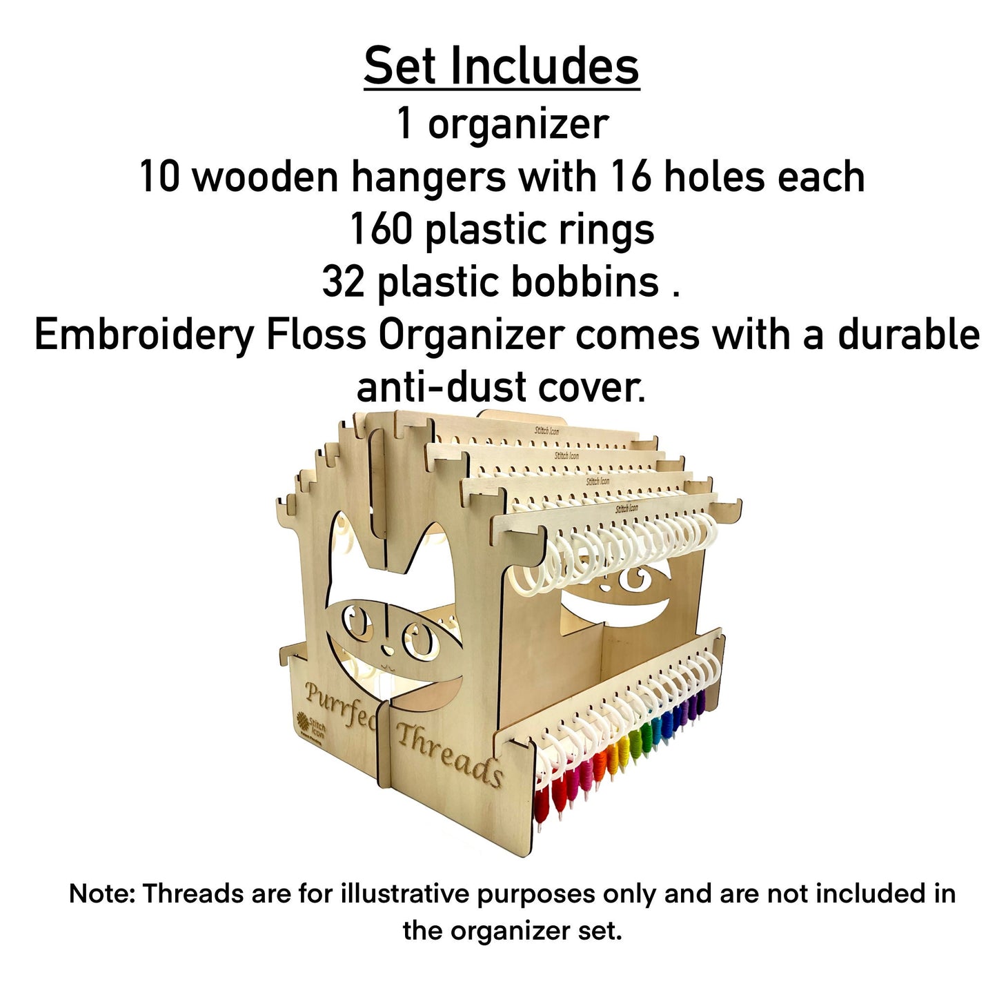 Purrfect Threads Floss Organizer: Wooden Cat Design, 160 Slots -Craft Tool for 128 Colors DMC Floss Skeins + 32 Bobbins, Gift Thread Storage