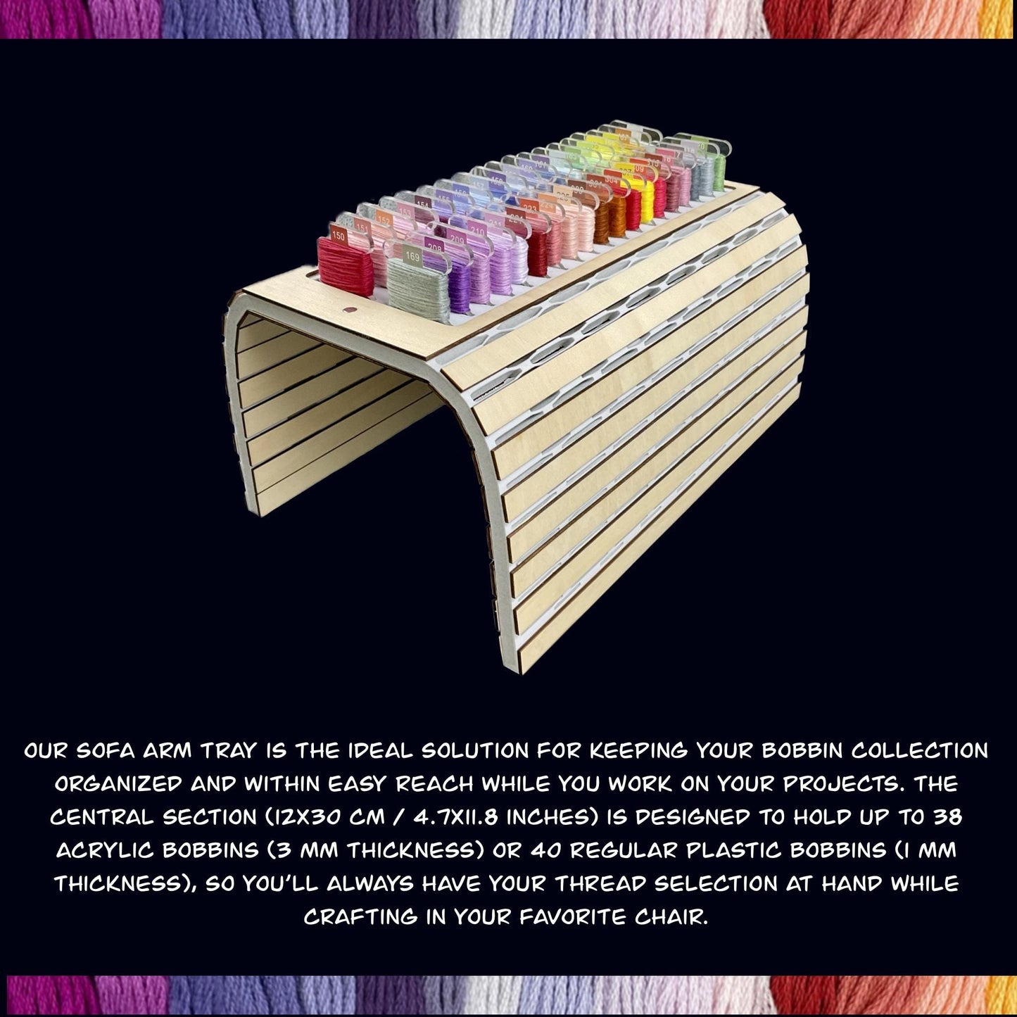 Sofa Arm Tray for Cross-Stitch–Holds 38 Acrylic or 40 Plastic Bobbins–Perfect Present TV Chair Armrest Organizer with Needle Storage Magnet