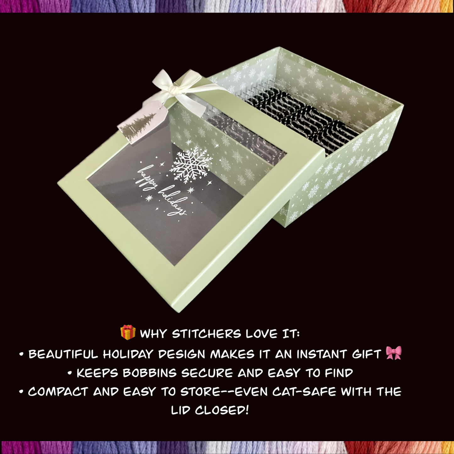 Holiday floss organizer box with plastic or acrylic bobbins included transparent lid cross stitch storage box Christmas gift for stitchers