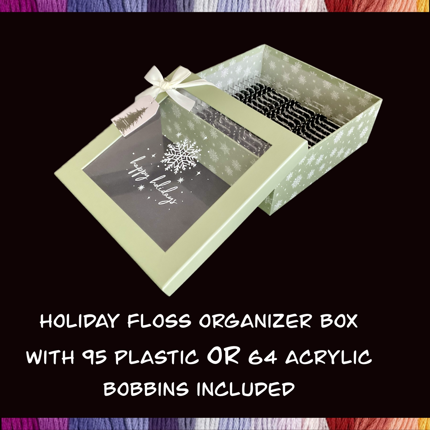 Holiday floss organizer box with plastic or acrylic bobbins included transparent lid cross stitch storage box Christmas gift for stitchers