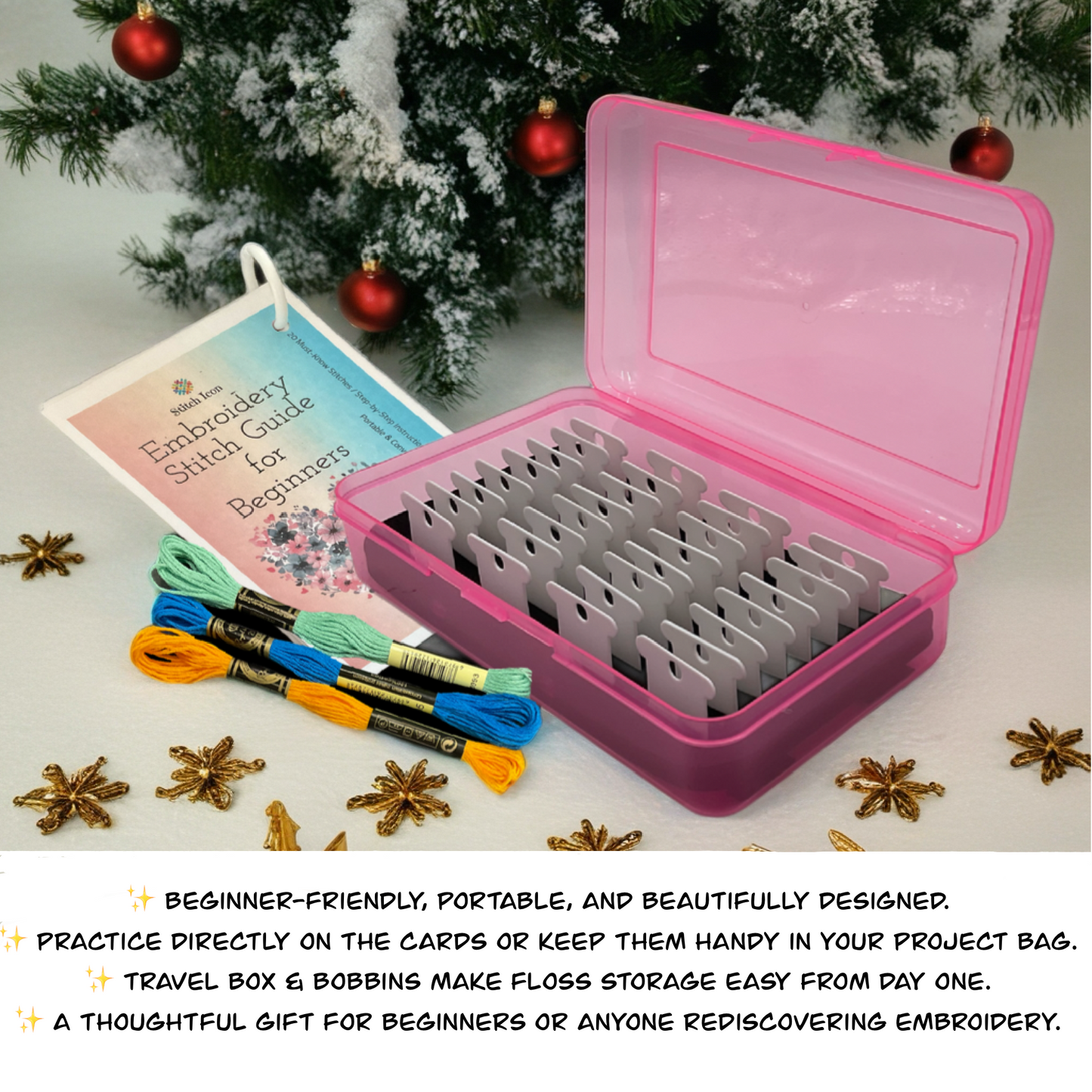 Beginner Embroidery Stitch Cards–Step-by-Step Guide to 20 Essential Stitches,Portable 4×6 Set–Travel Bobbin Organizer,Plastic Bobbins,Floss