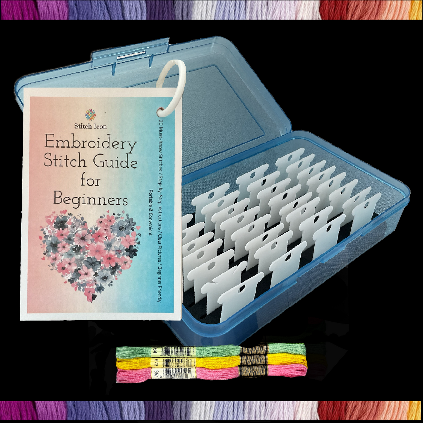 Beginner Embroidery Stitch Cards–Step-by-Step Guide to 20 Essential Stitches,Portable 4×6 Set–Travel Bobbin Organizer,Plastic Bobbins,Floss