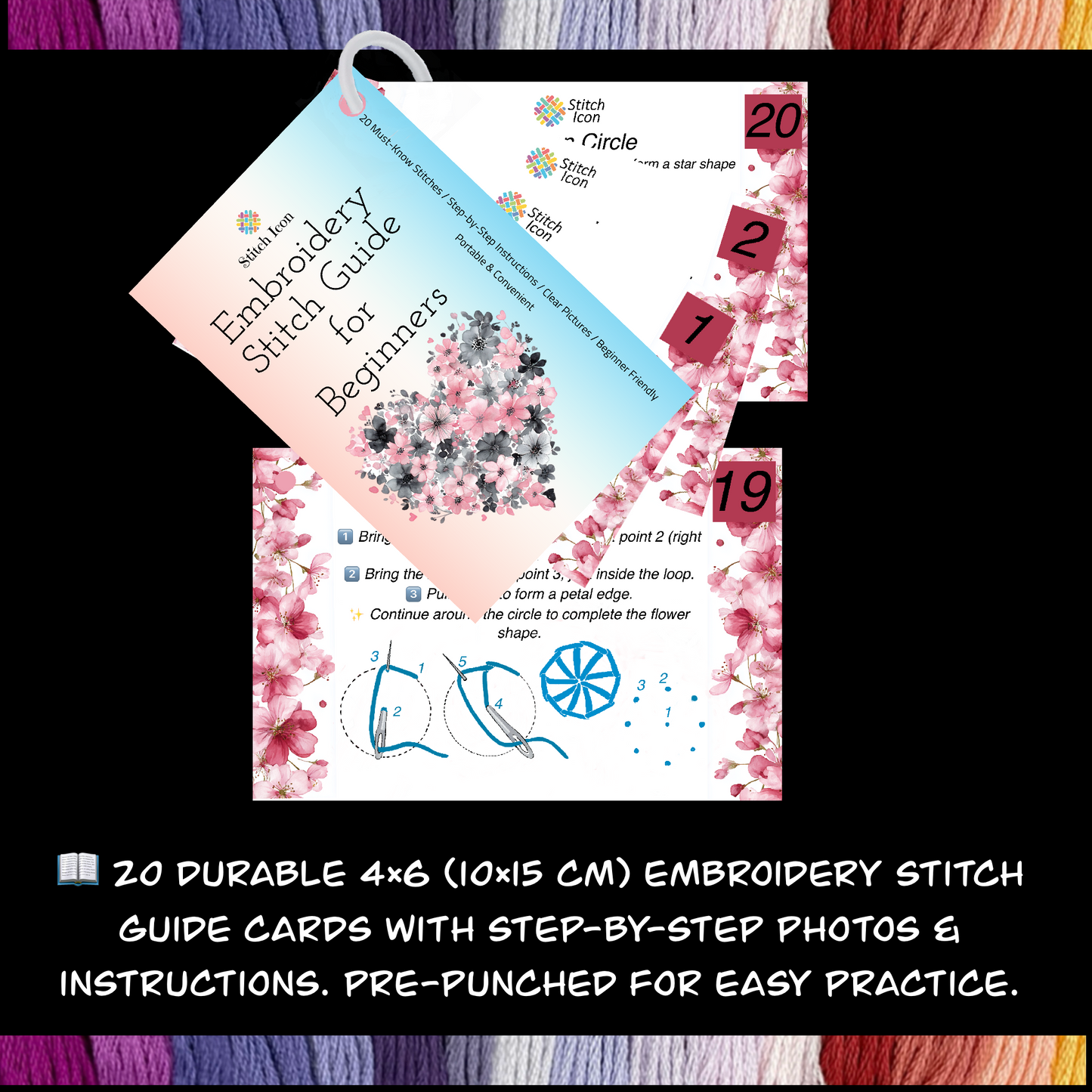 Beginner Embroidery Stitch Cards–Step-by-Step Guide to 20 Essential Stitches,Portable 4×6 Set–Travel Bobbin Organizer,Plastic Bobbins,Floss