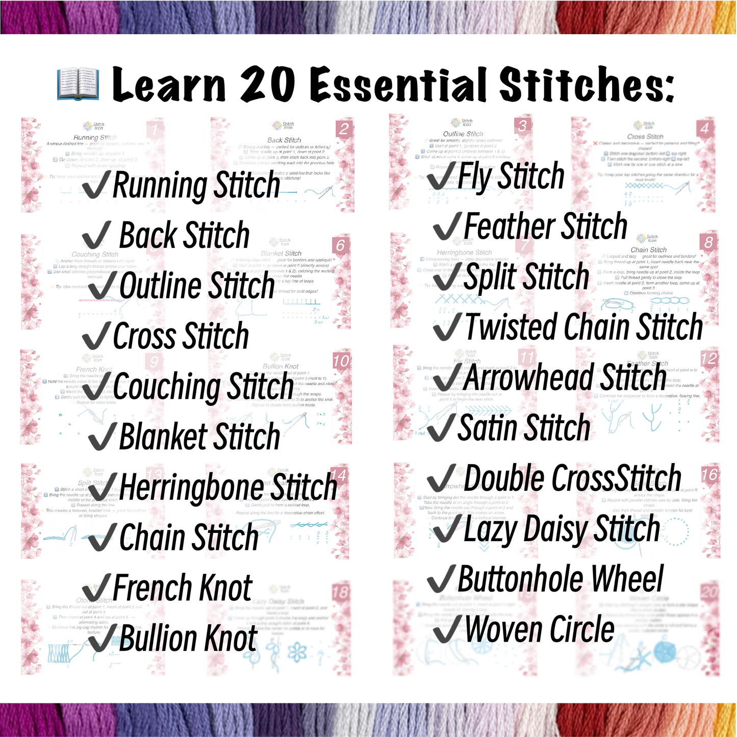 Beginner Embroidery Stitch Cards–Step-by-Step Guide to 20 Essential Stitches,Portable 4×6 Set–Travel Bobbin Organizer,Plastic Bobbins,Floss