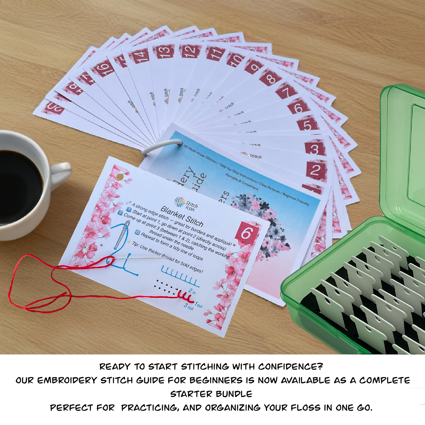 Beginner Embroidery Stitch Cards–Step-by-Step Guide to 20 Essential Stitches,Portable 4×6 Set–Travel Bobbin Organizer,Plastic Bobbins,Floss