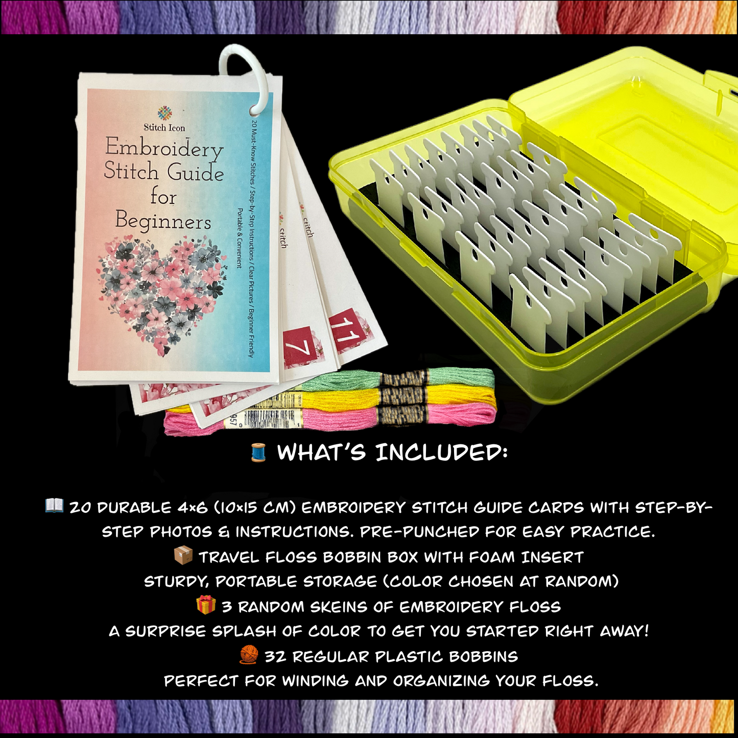 Beginner Embroidery Stitch Cards–Step-by-Step Guide to 20 Essential Stitches,Portable 4×6 Set–Travel Bobbin Organizer,Plastic Bobbins,Floss