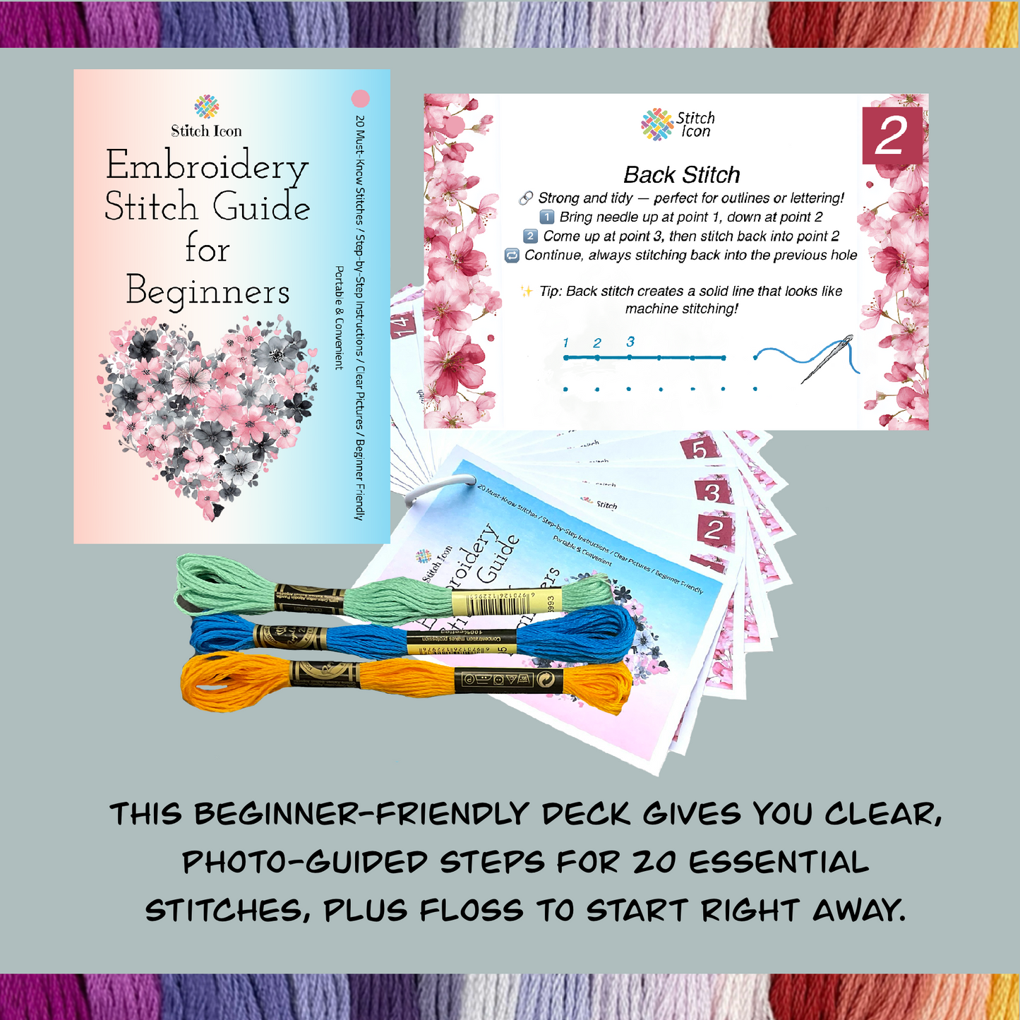 Beginner Embroidery Stitch Cards 20 Stitches 4x6 Step by Step Illustrated Guide with 3 Random Floss Skeins, Learn Hand Embroidery