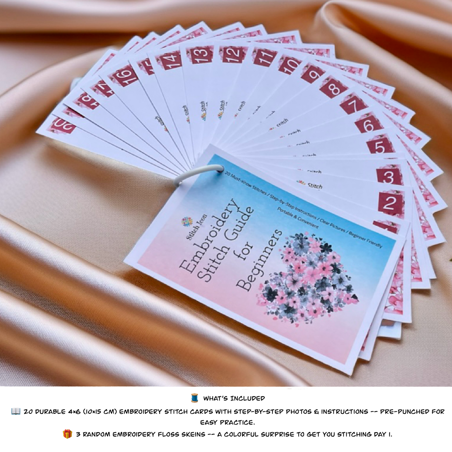 Beginner Embroidery Stitch Cards 20 Stitches 4x6 Step by Step Illustrated Guide with 3 Random Floss Skeins, Learn Hand Embroidery