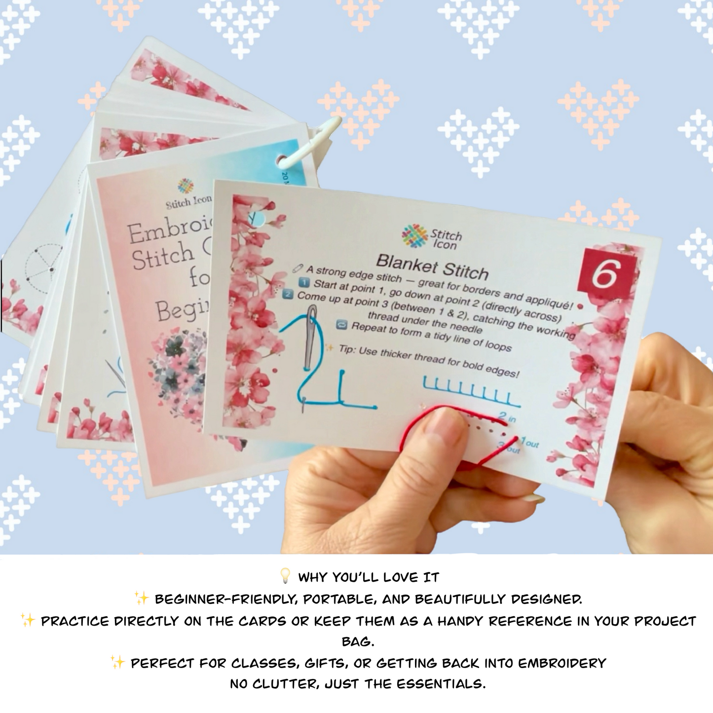 Beginner Embroidery Stitch Cards 20 Stitches 4x6 Step by Step Illustrated Guide with 3 Random Floss Skeins, Learn Hand Embroidery
