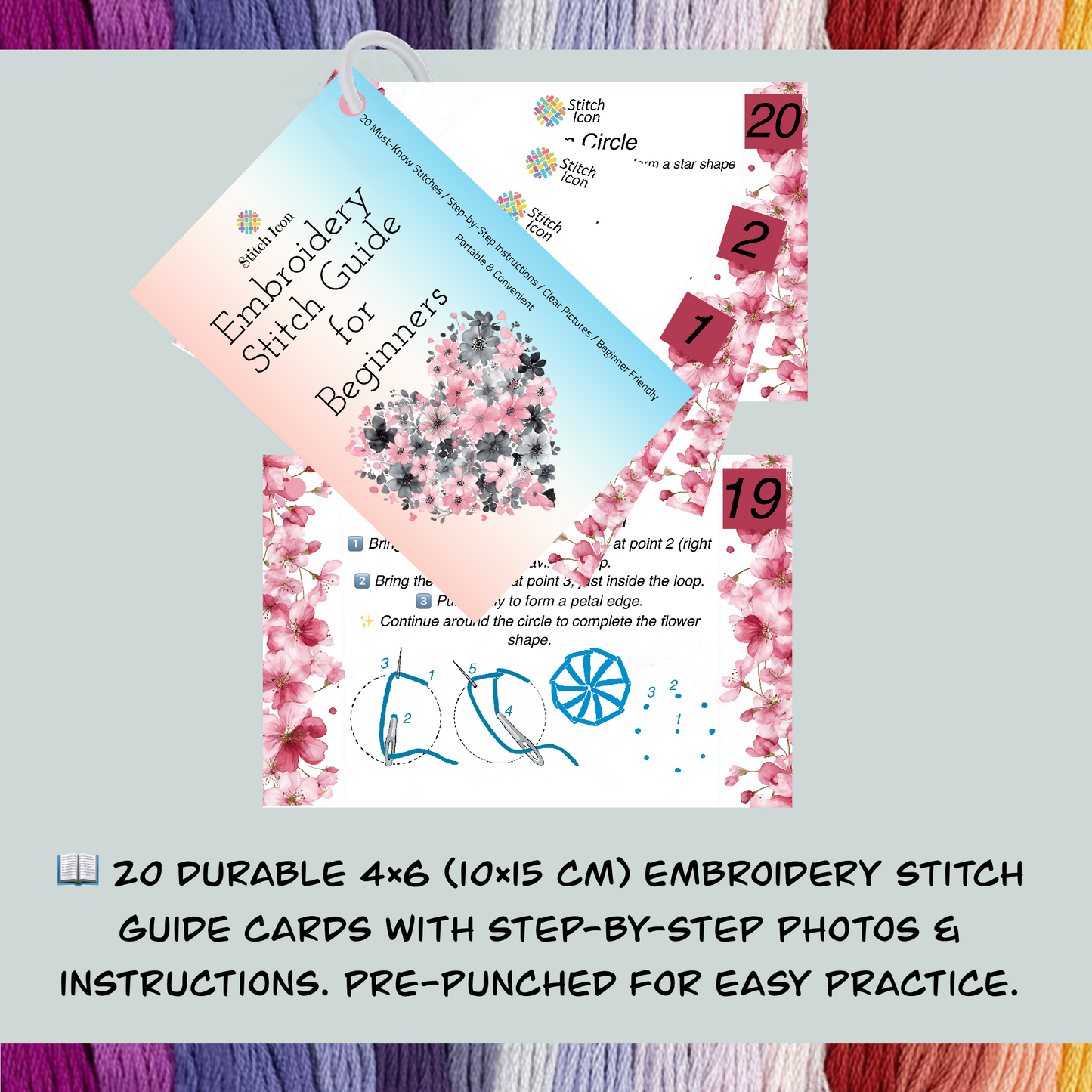Beginner Embroidery Stitch Cards 20 Stitches 4x6 Step by Step Illustrated Guide with 3 Random Floss Skeins, Learn Hand Embroidery