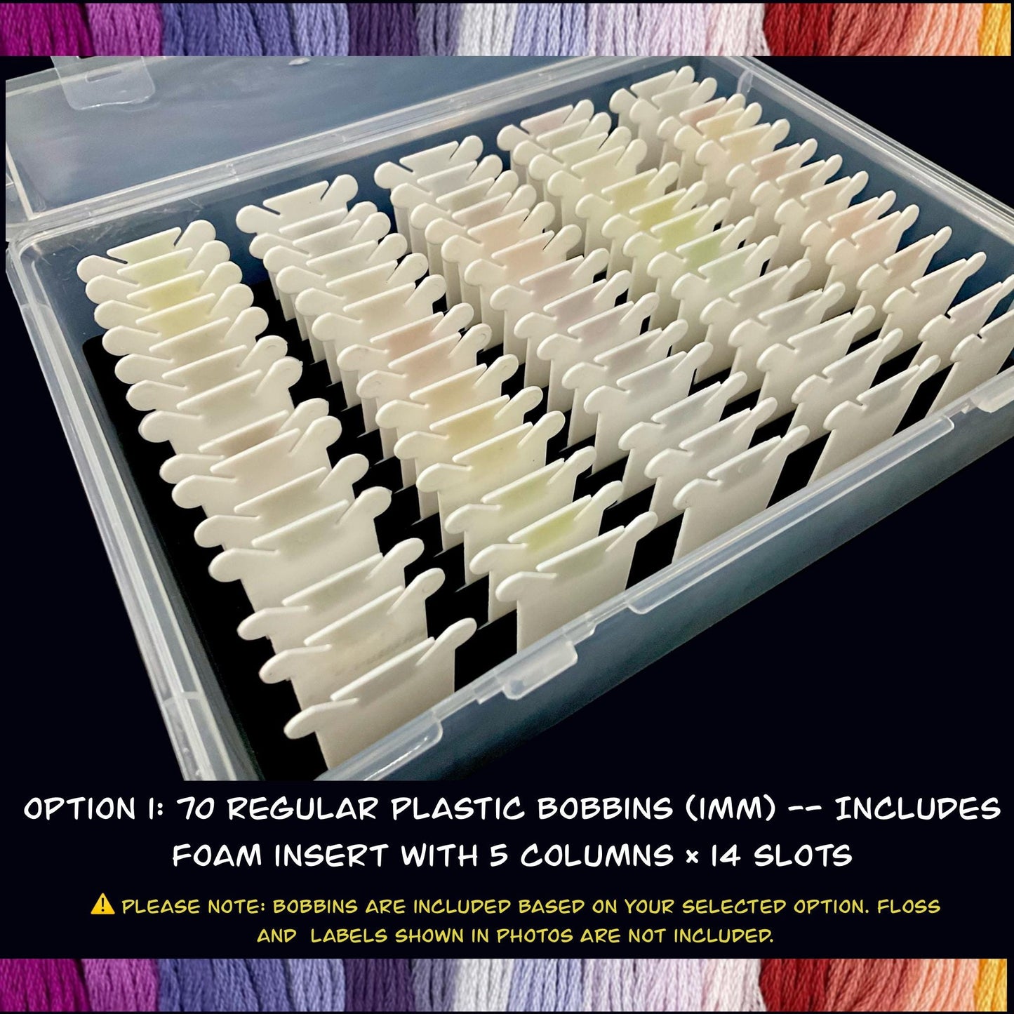 Travel Floss Bobbin Box Set with Foam Inserts–Colorful Cross Stitch Storage Organizer for On-the-Go Projects 48-70 Plastic Bobbins Included