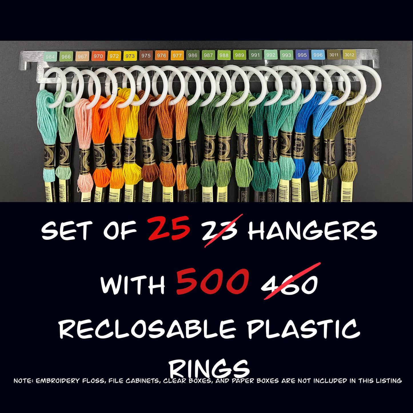 Set of 25 Clear Acrylic Pre-Labeled Floss Hangers for 490 DMC Colors–Perfect Present for Cross Stitchers, Gift Thread Hangers, Foss Storage