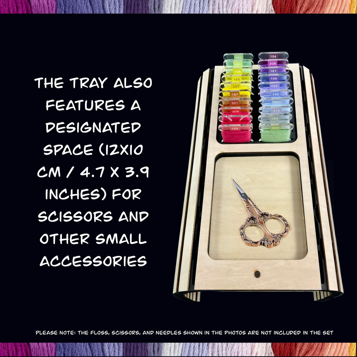 Sofa Arm Tray for Cross-Stitch–Holds 20 Acrylic / Plastic Bobbins–Storage Space for Scissors-Perfect Present Gift TV Chair Armrest Organizer