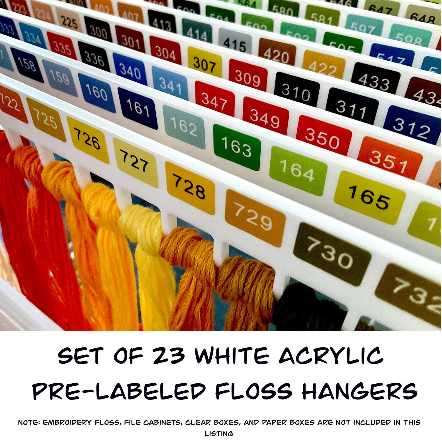 Set of 23 White Acrylic Pre-Labeled Floss Hangers for 447 DMC Colors–Perfect Present for Cross Stitchers, Gift Thread Hangers, Foss Storage