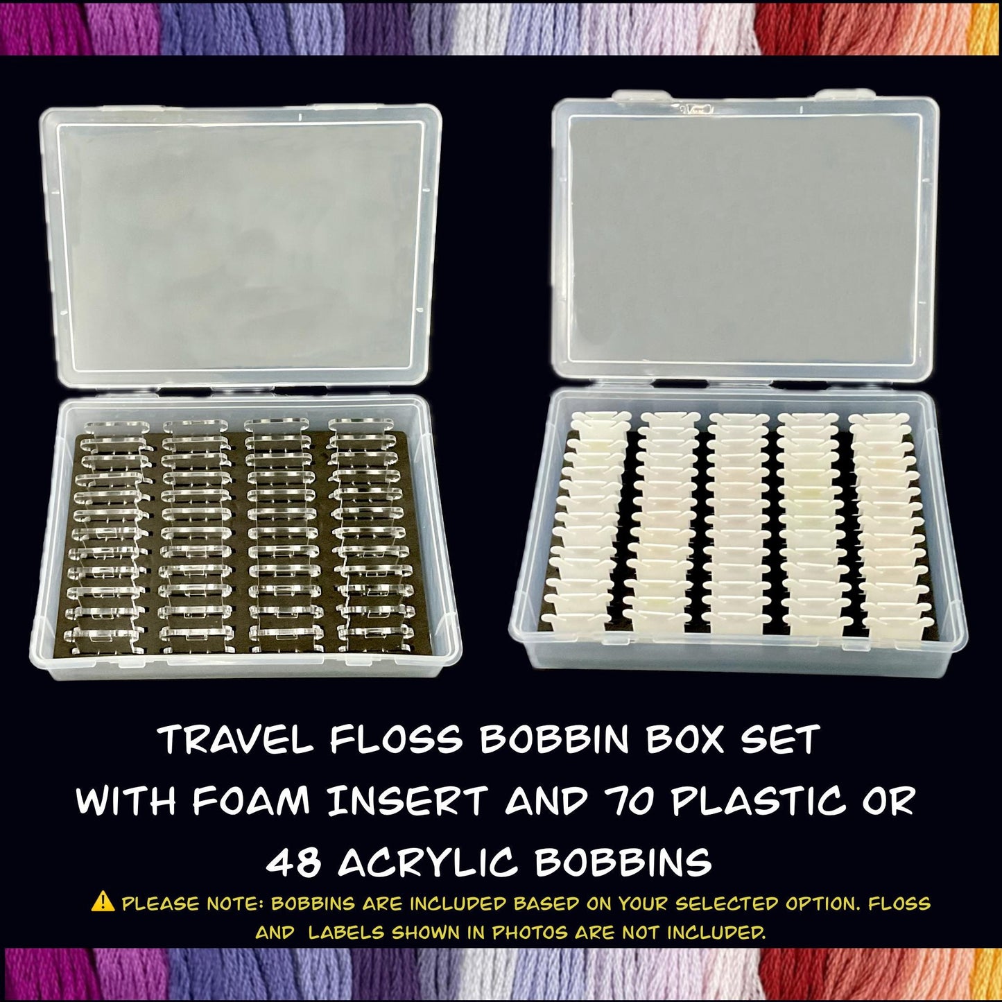Travel Floss Bobbin Box Set with Foam Inserts–Colorful Cross Stitch Storage Organizer for On-the-Go Projects 48-70 Plastic Bobbins Included