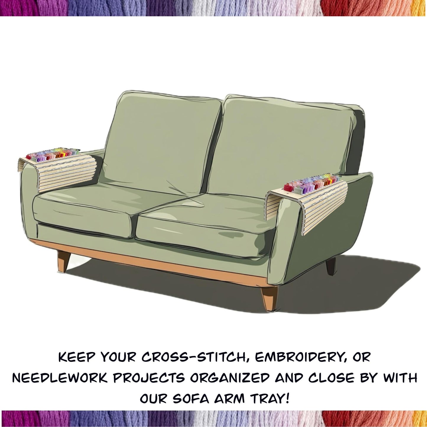 Sofa Arm Tray for Cross-Stitch–Holds 38 Acrylic or 40 Plastic Bobbins–Perfect Present TV Chair Armrest Organizer with Needle Storage Magnet