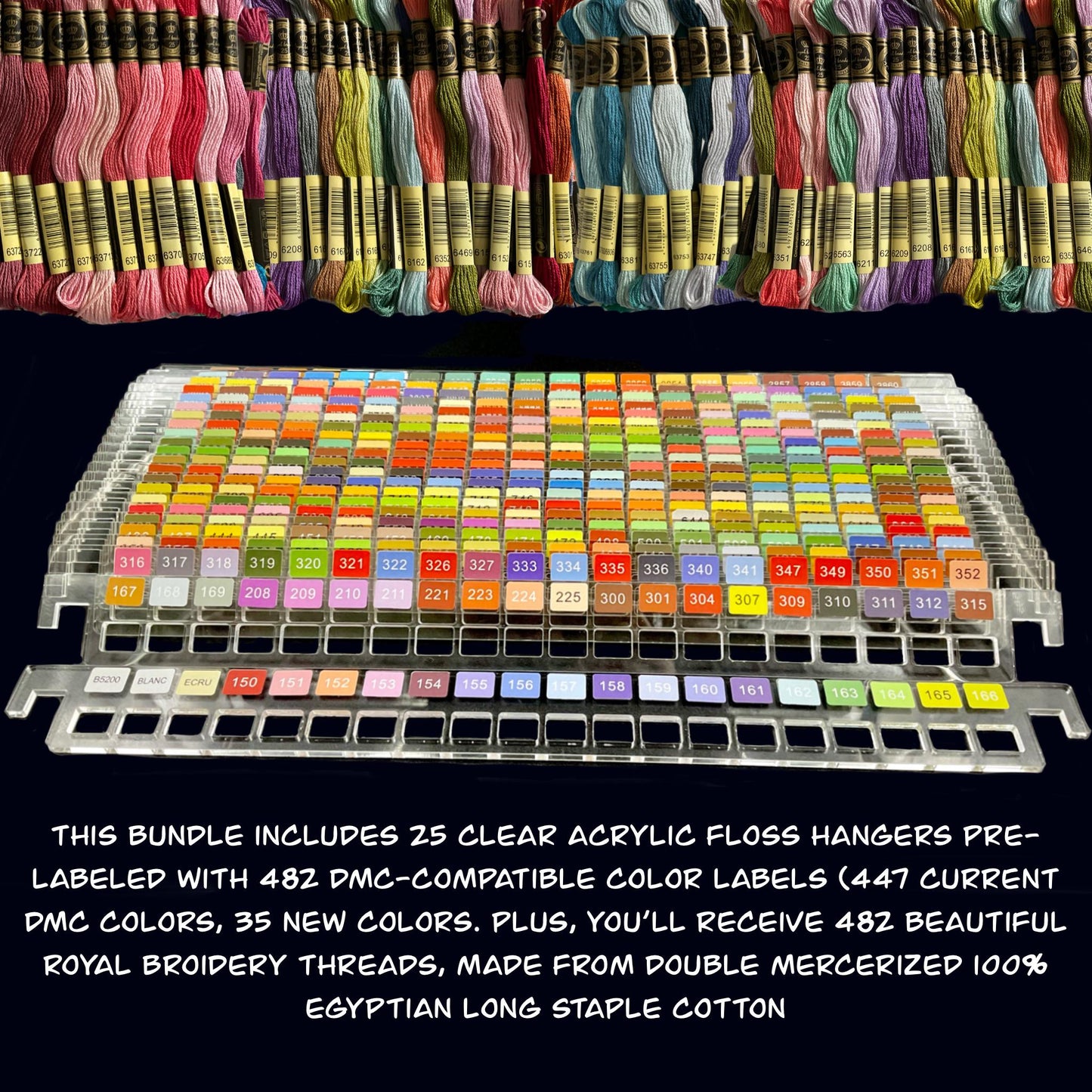 Set of 25 Clear Acrylic Pre-Labeled Floss Hangers for 482 DMC Colors and 482 Egyptian Cotton Embroidery Threads-Perfect Gift for Cross Stitchers