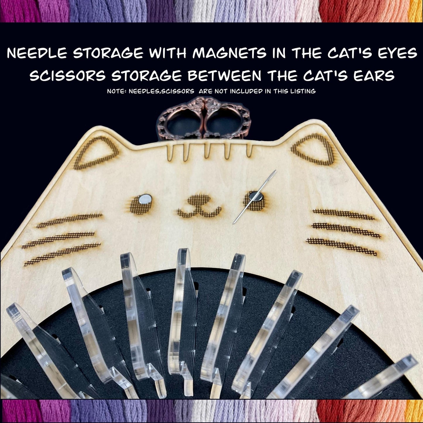 Cat Shaped Cross-Stitch Embroidery Tray Set–Holds 24 Acrylic Bobbins or 32 Regular Plastic Bobbins, Perfect Holiday Gift with Needle Storage
