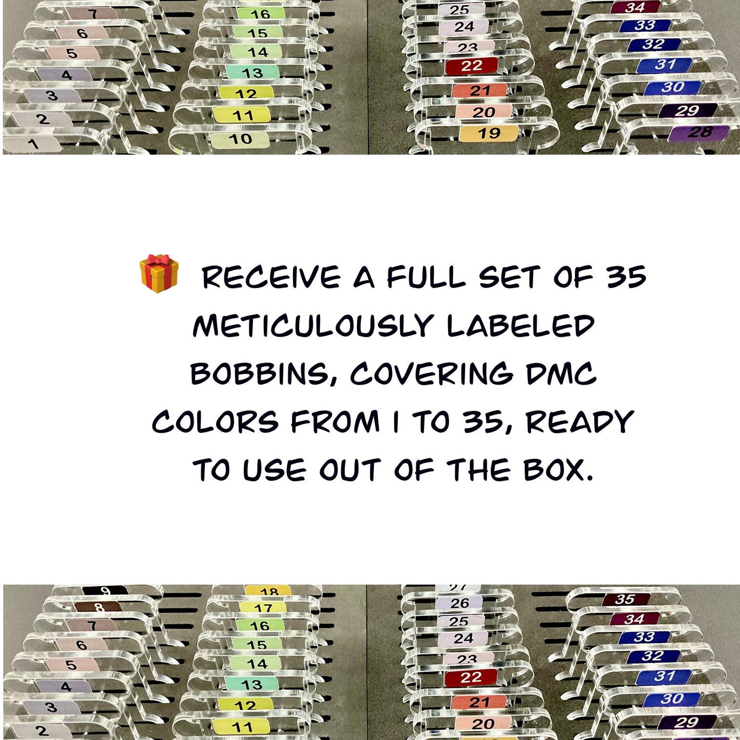 1-35 Pre-Labeled 3mm Clear Acrylic Bobbins: Perfect Gift for Cross-Stitch Embroidery, 35 Colors Prelabeled Acrylic Bobbins Set Best Present