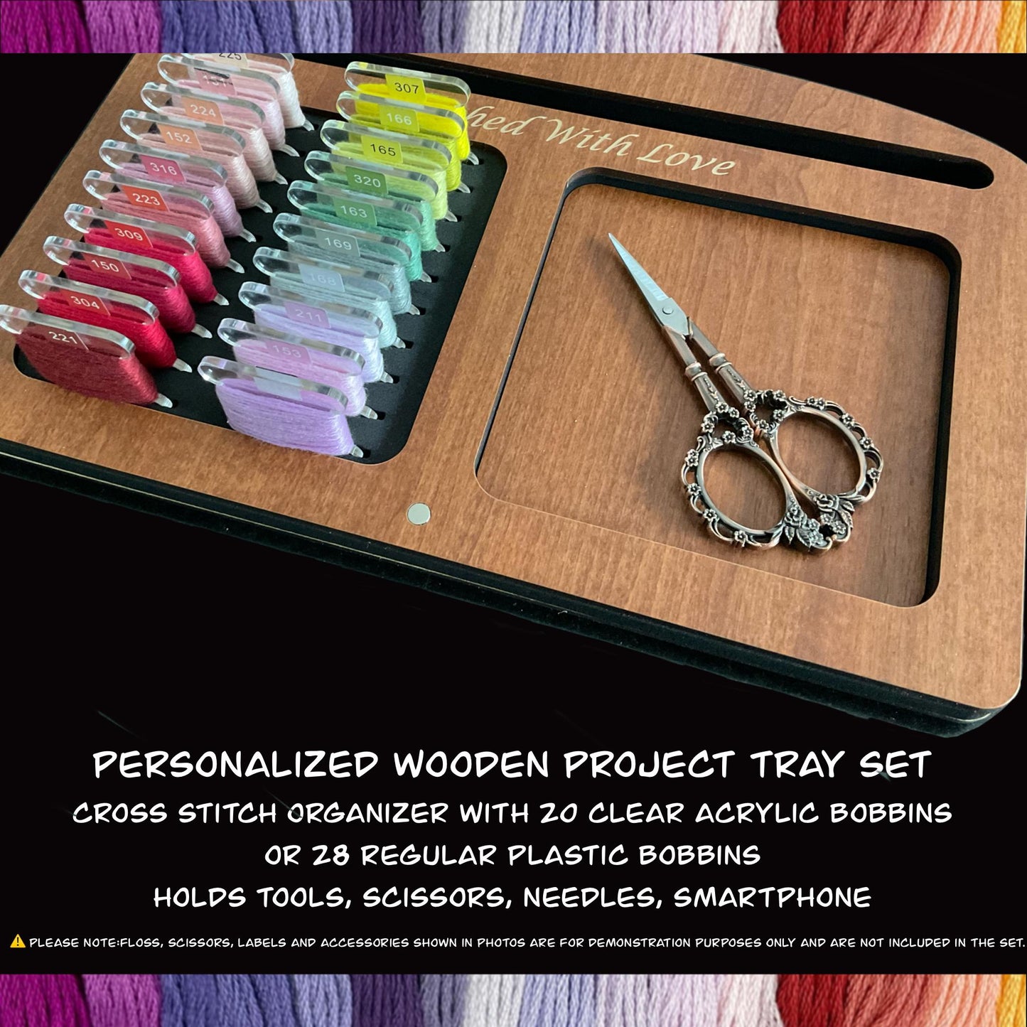 Wooden Project Tray Set–Cross Stitch Organizer with 20 Clear Acrylic Bobbins–Holds Tools,Scissors,Needles–Mother's Day Gift