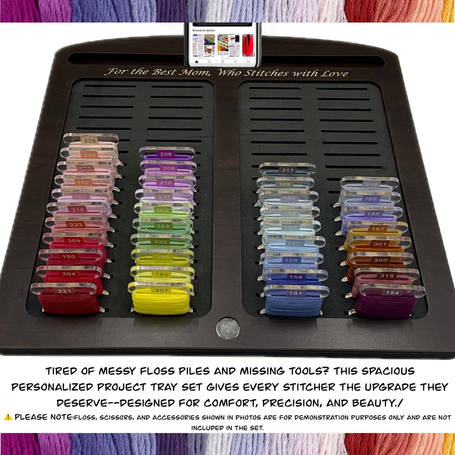 Cross Stitch Tray with 72 Acrylic or 80 Plastic Bobbins–Tool &Phone Slot–Mother's Day Gift for Stitcher–Cherry,Ebony,Black Wood