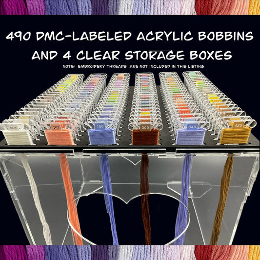 490 DMC-Labeled Acrylic Bobbins & 4 Clear Storage Boxes–Perfect Cross-Stitch Thread Organization Set-Gift for Stitchers Embroidery Lovers