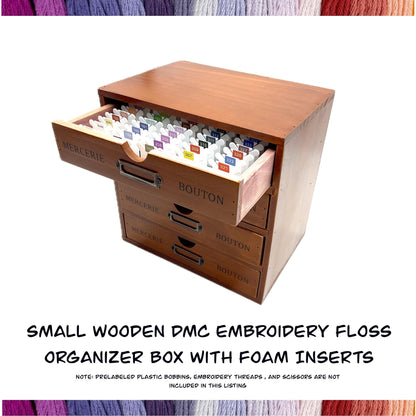 SMALL Wooden DMC Embroidery Floss Organizer Box with Foam Inserts Compact 4 Drawer Embroidery Thread Storage Box-Perfect Gift for Stitchers