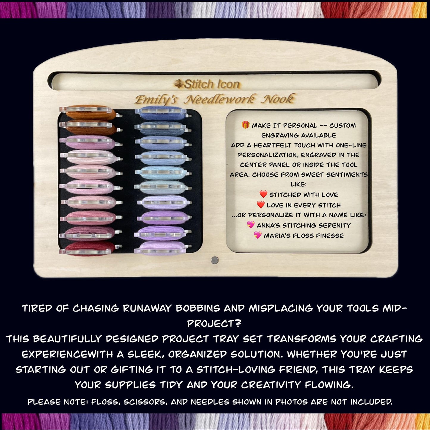 Wooden Project Tray Set–Cross Stitch Organizer with 20 Clear Acrylic Bobbins–Holds Tools,Scissors,Needles–Mother's Day Gift